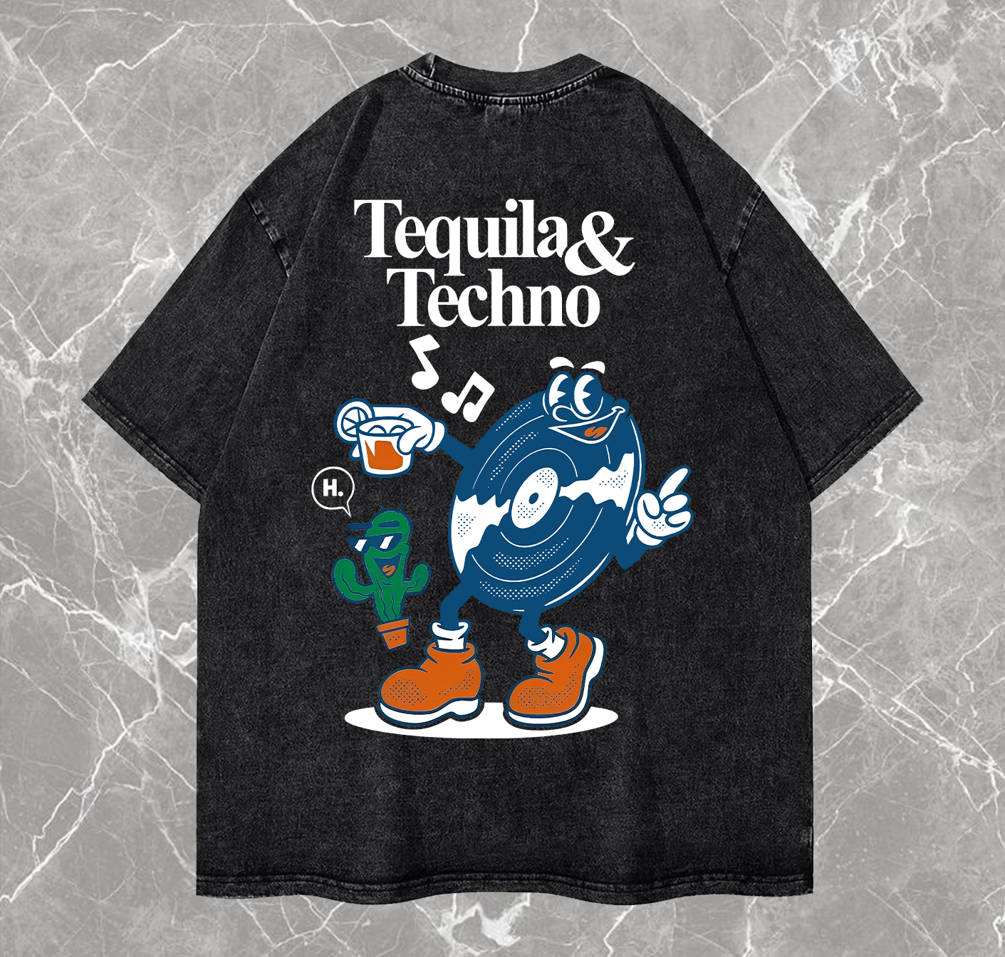 Tequila & Techno Printed Vintage Washed T-shirt（Double-sided Print）