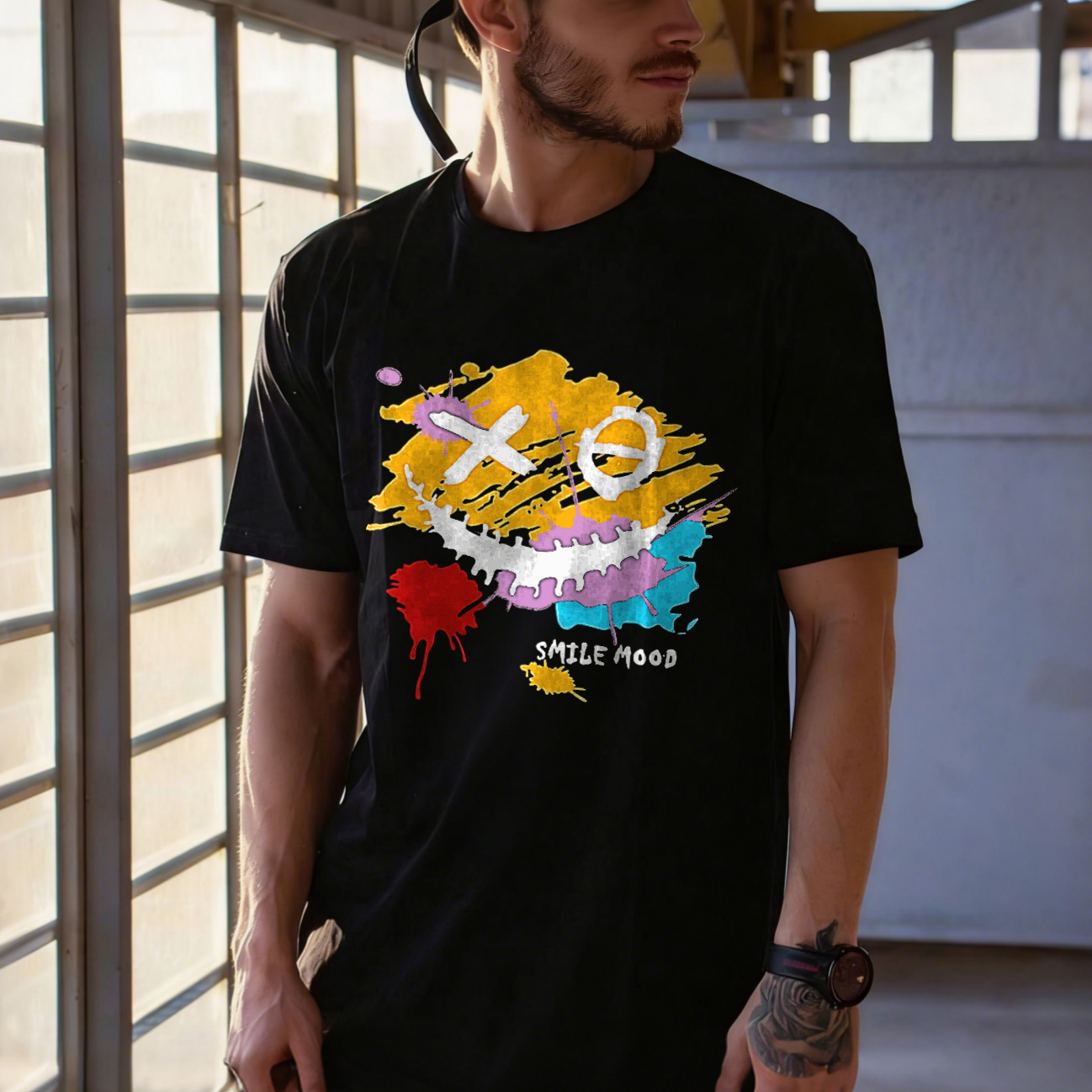 Smile Mood Graffiti Printed Men's T-shirt