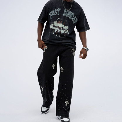 Sopula Rhinestones Cross Baggy Jeans