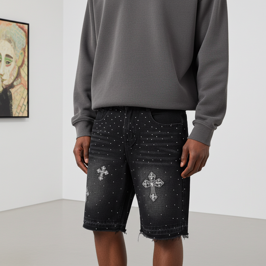 Hiphop Cross Hot Diamond Jorts Denim Shorts