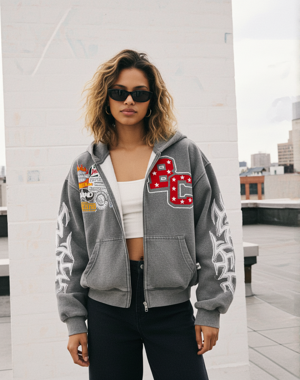 Vintage Warzone Peace Club Graphic Washed Zip-Up Hoodie