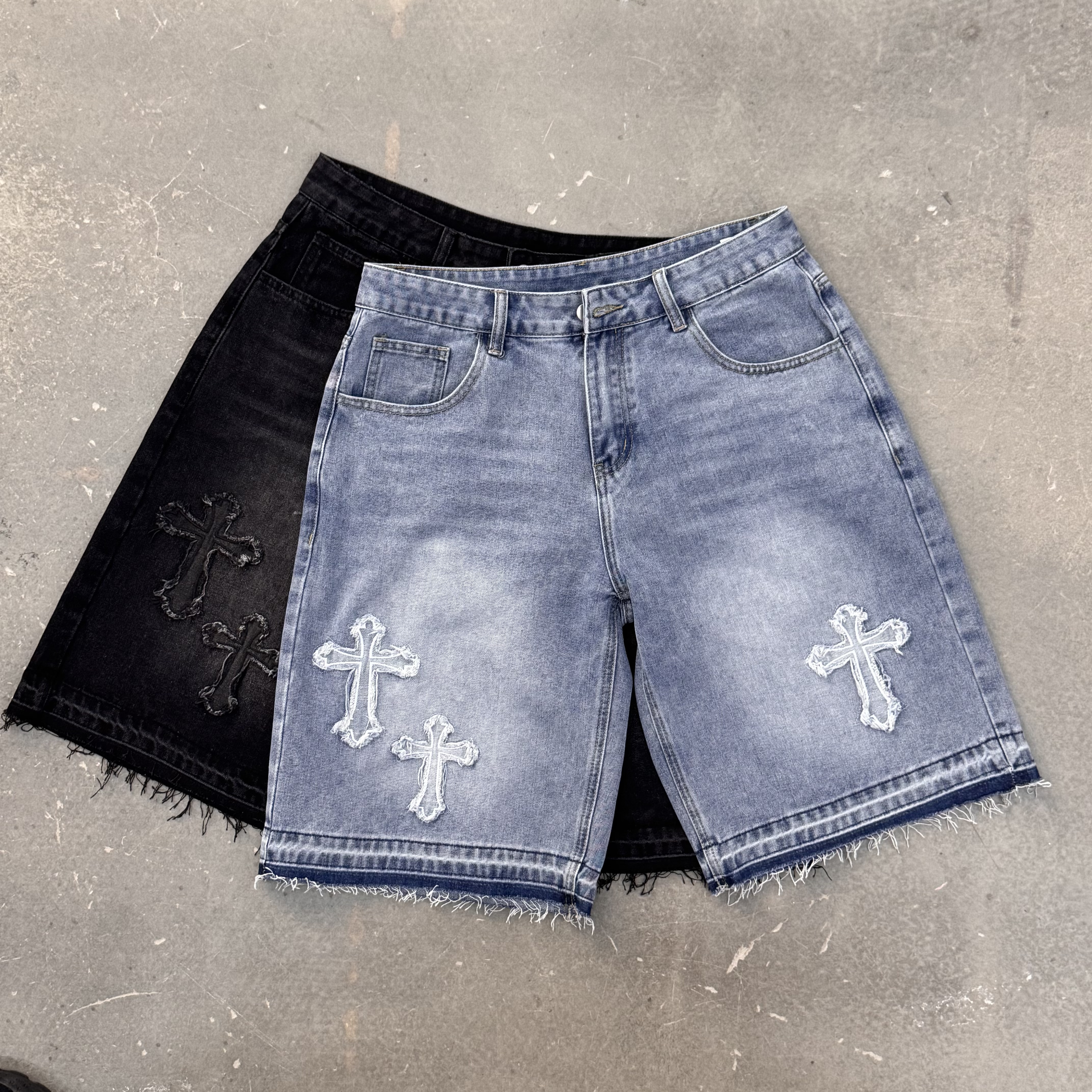 Vintage Hiphop Cross Appliqué Jorts Denim Shorts