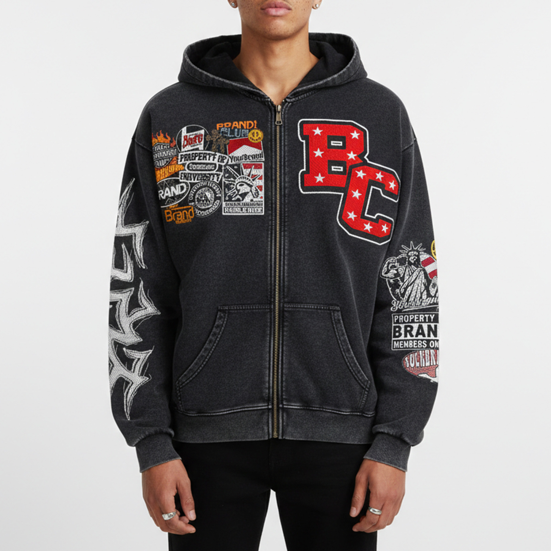 Vintage Warzone Peace Club Graphic Washed Zip-Up Hoodie
