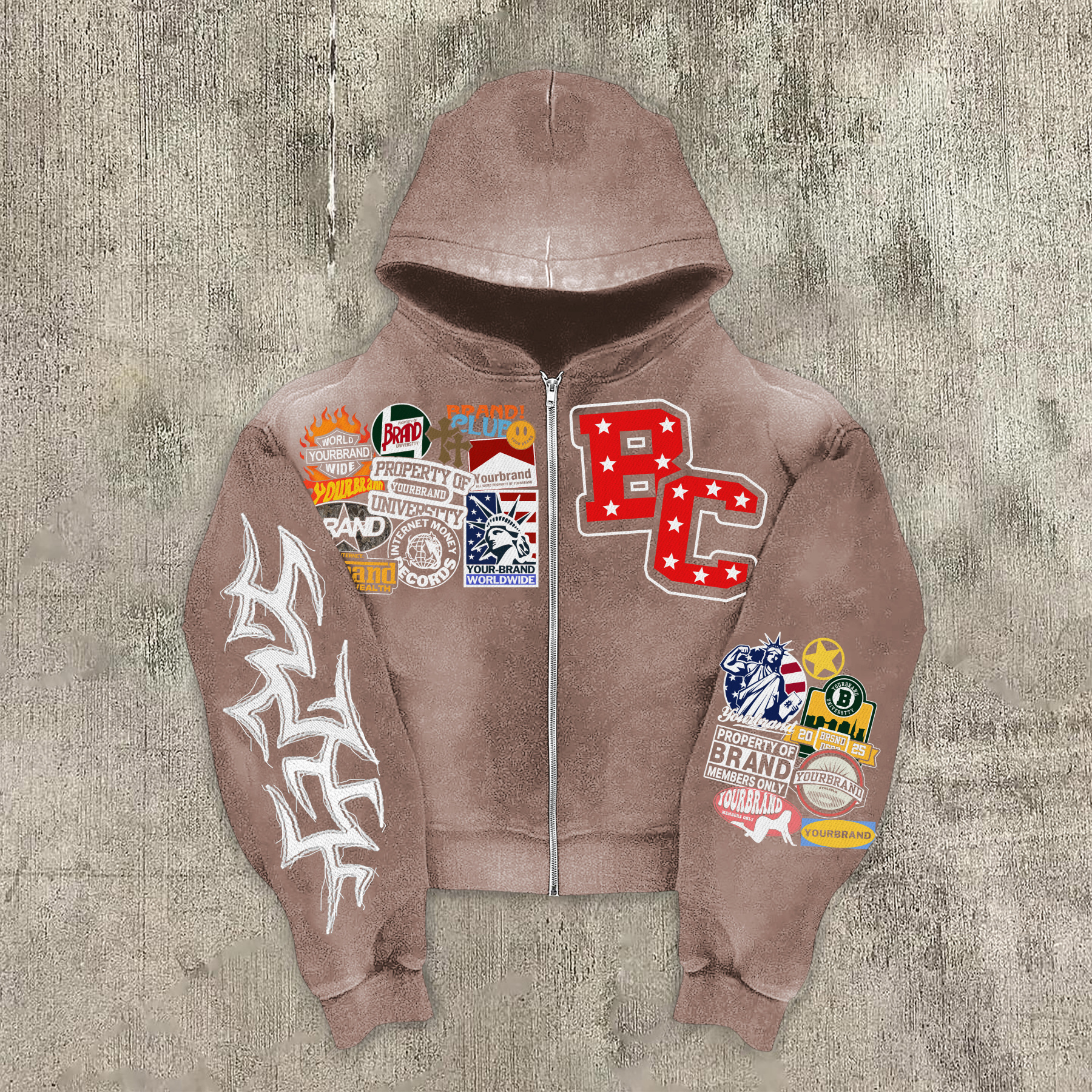 Vintage Warzone Peace Club Graphic Washed Zip-Up Hoodie