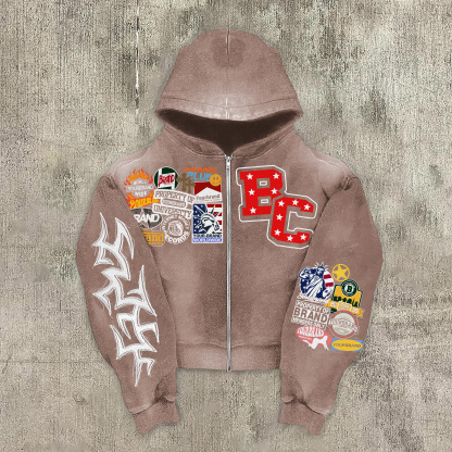 Vintage Warzone Peace Club Graphic Washed Zip-Up Hoodie