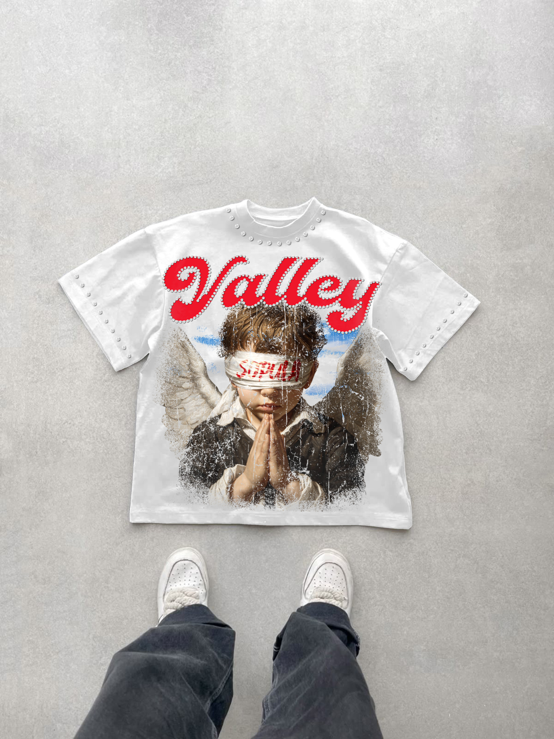 Valley Prayer Angel Vintage Distressed Graphic Cotton T-shirt