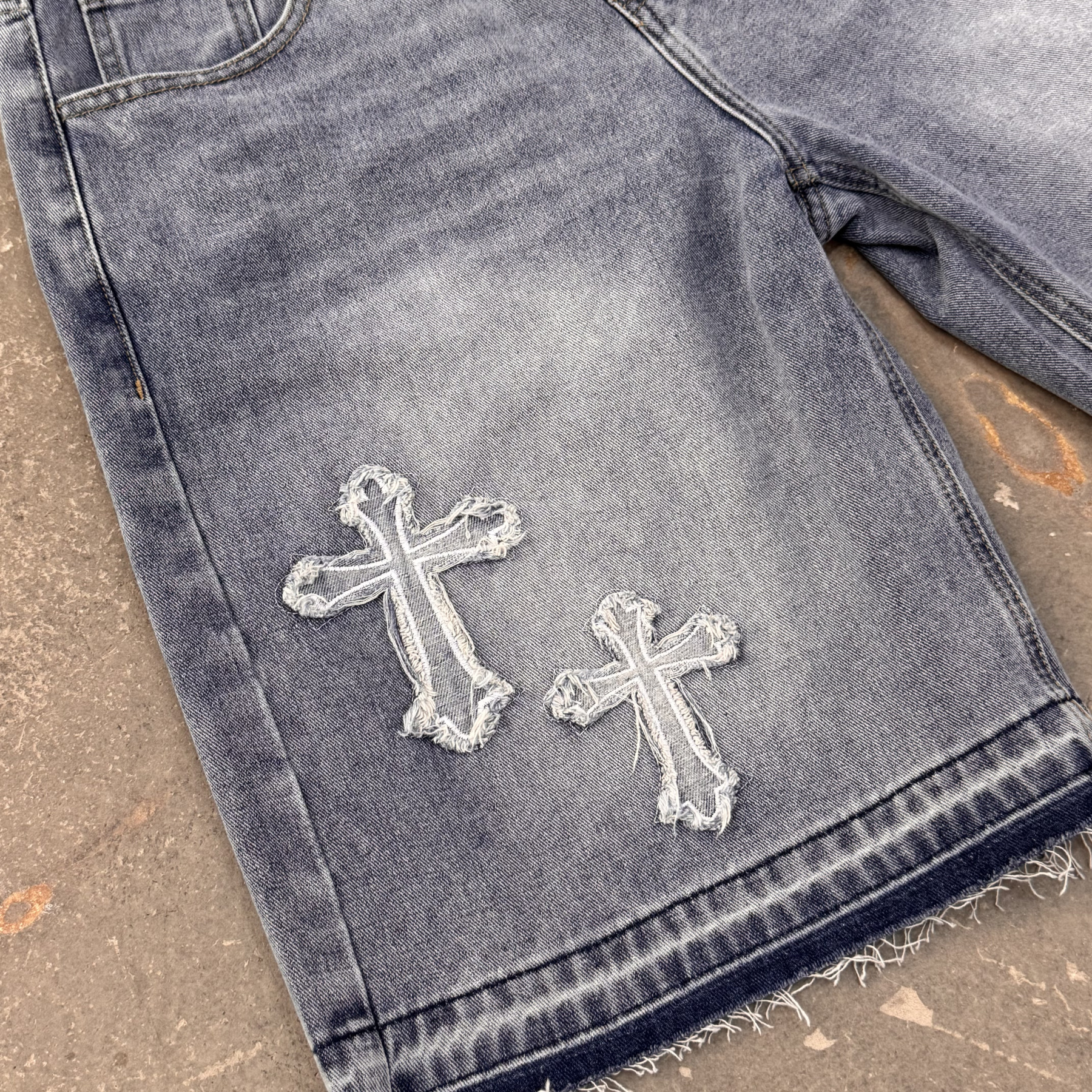 Vintage Hiphop Cross Appliqué Jorts Denim Shorts