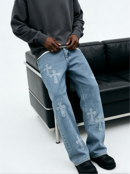 Men's Streetwear Denim Cross Embroidery Jeans