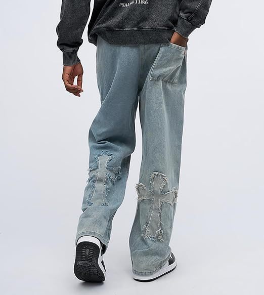 Men's Streetwear Denim Cross Embroidery Jeans