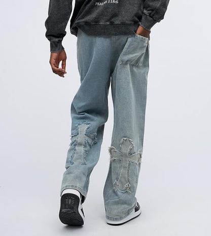 Men's Streetwear Denim Cross Embroidery Jeans