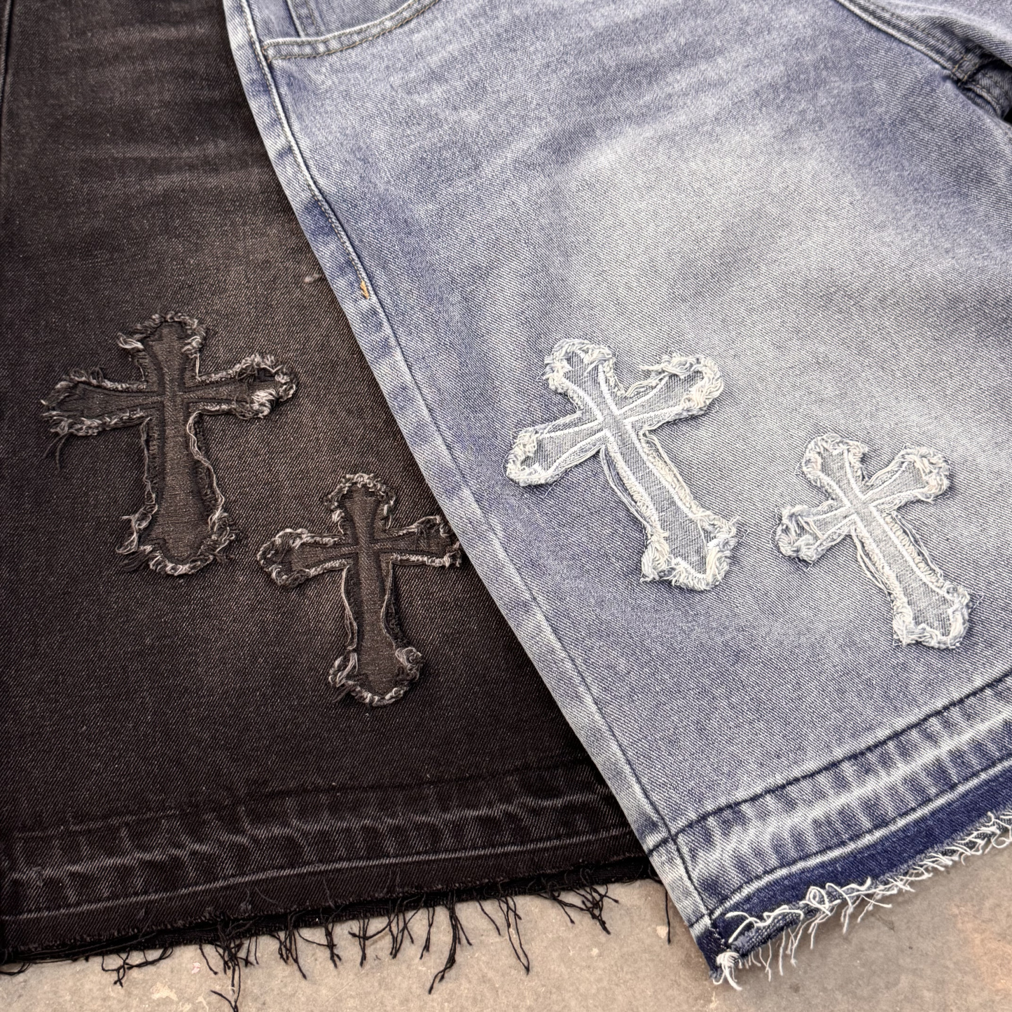 Vintage Hiphop Cross Appliqué Jorts Denim Shorts