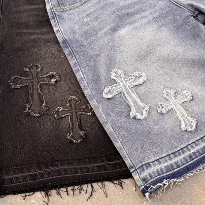 Vintage Hiphop Cross Appliqué Jorts Denim Shorts
