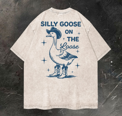 Silly Goose On The Loose Printed Vintage Washed T-shirt（Double-sided Print）