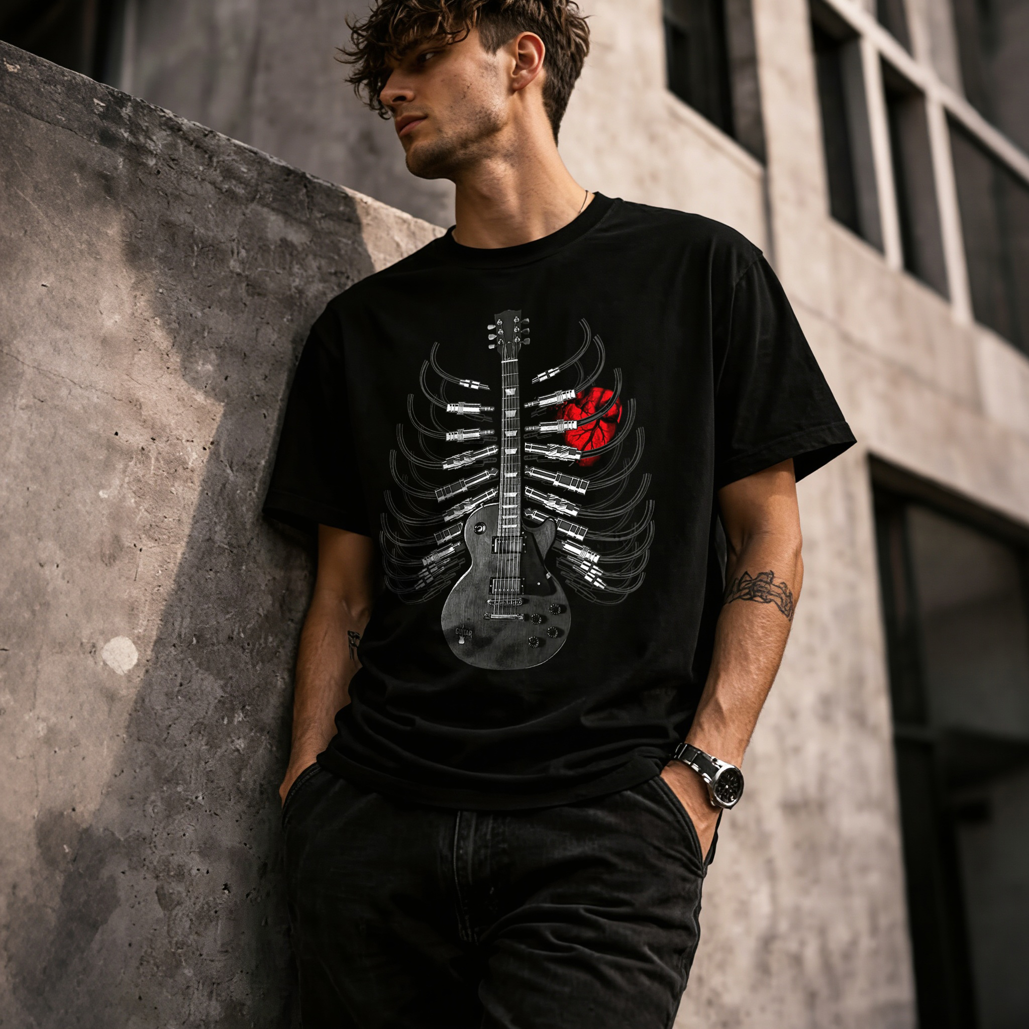 Guitar Skeleton Ribcage Heart Printed Men's T-shirt