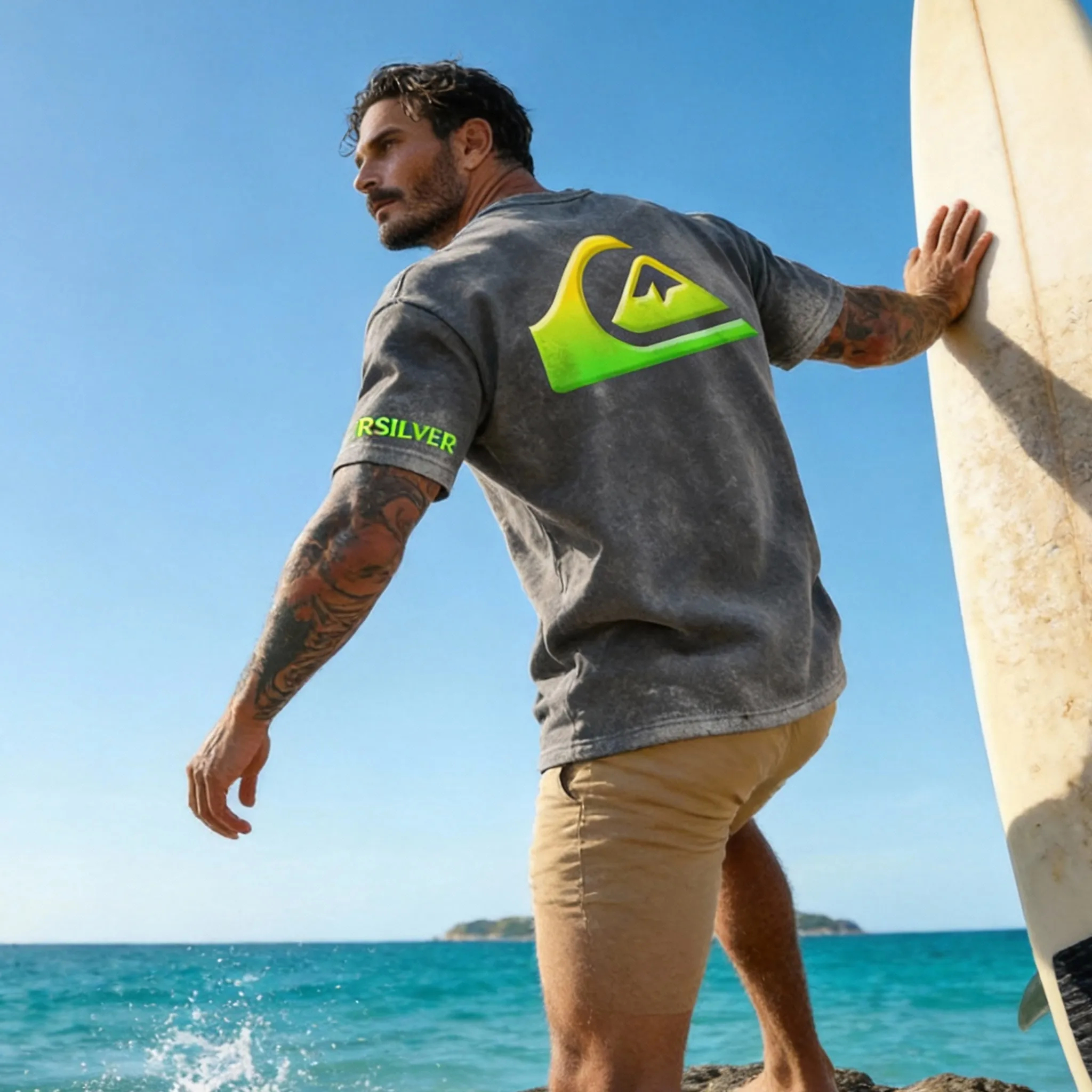 Quiksilver Gradient Green Wave Logo Printed Men's T-shirt