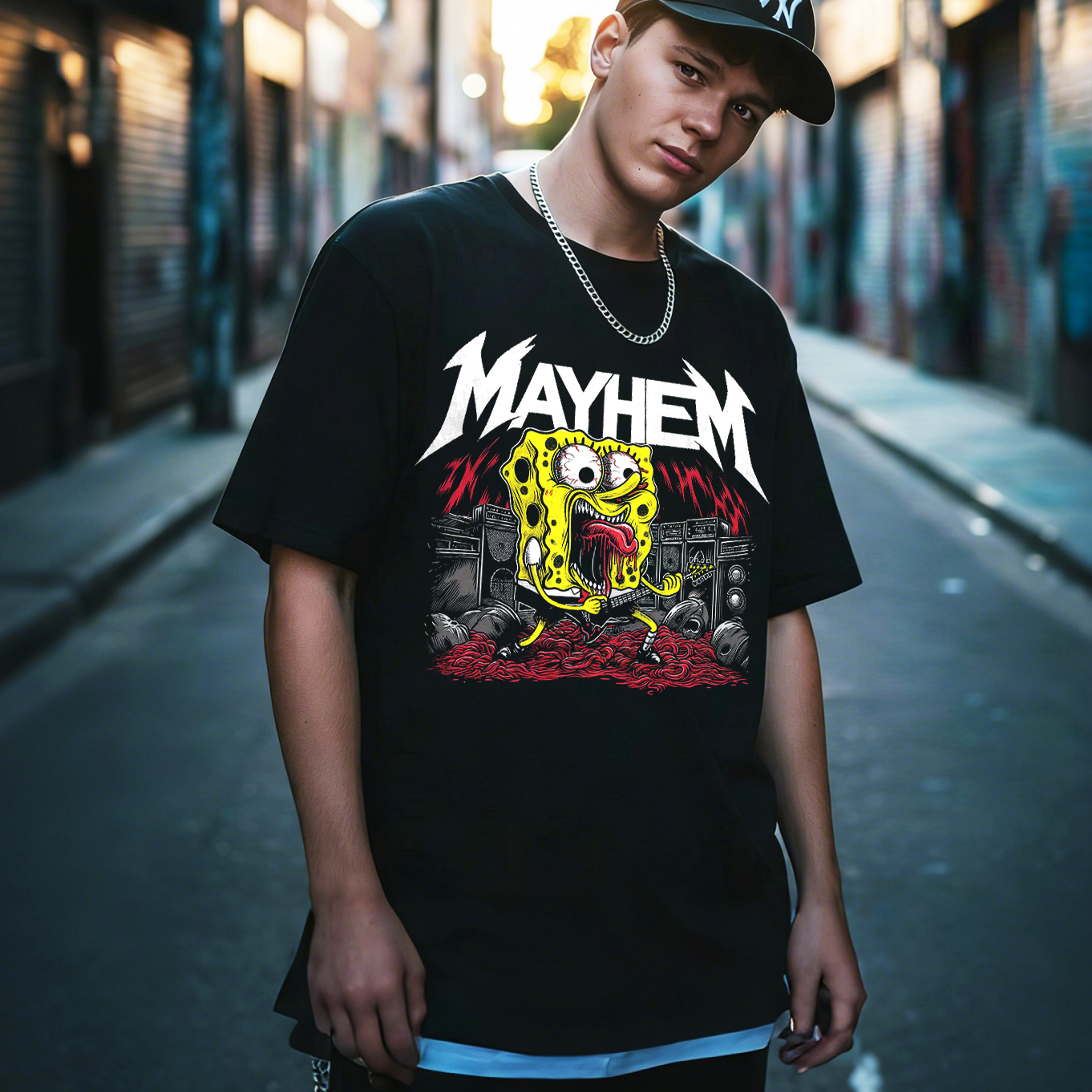Mayhem Spongebob Heavy Metal Printed Men's T-shirt