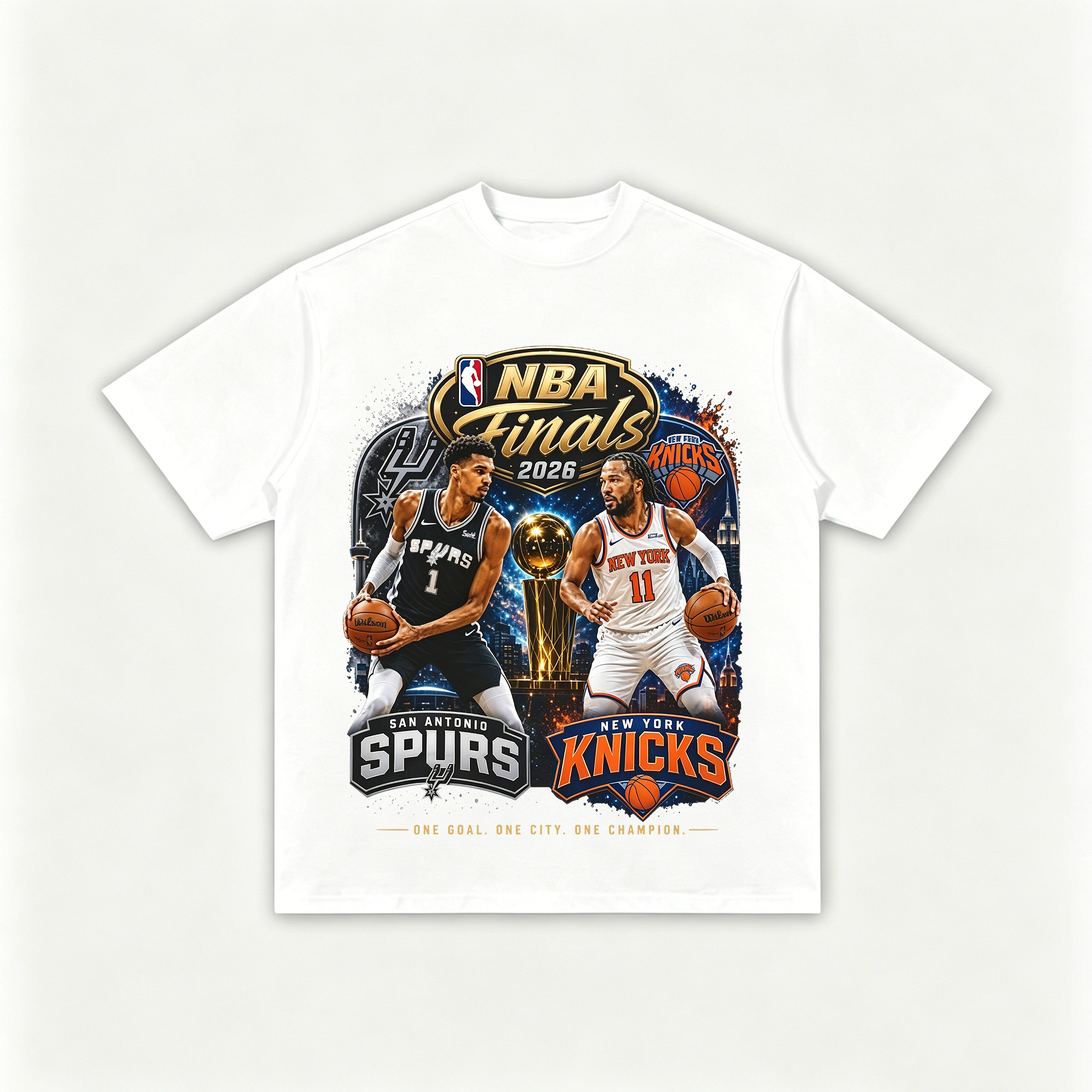 NBA Finals 2026 San Antonio Spurs VS New York Knicks One Goal One City One Champion Printed Men's T-shirt