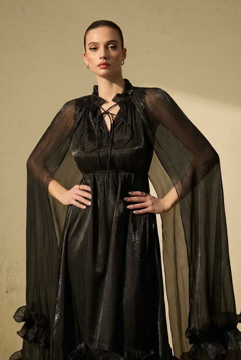 Shirley Black Cape-effect Ruffled Midi Dress-purelyfable