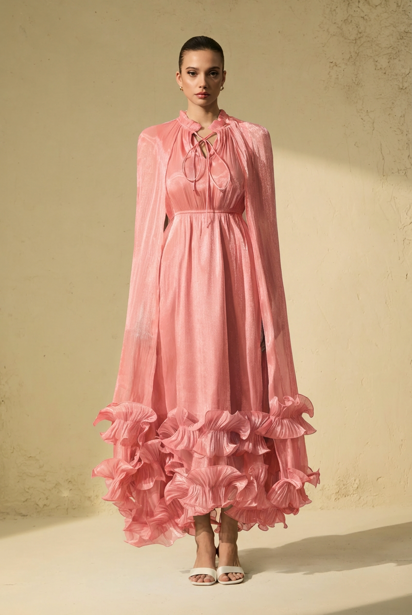 Shirley Pink Cape-effect Ruffled Midi Dress-purelyfable