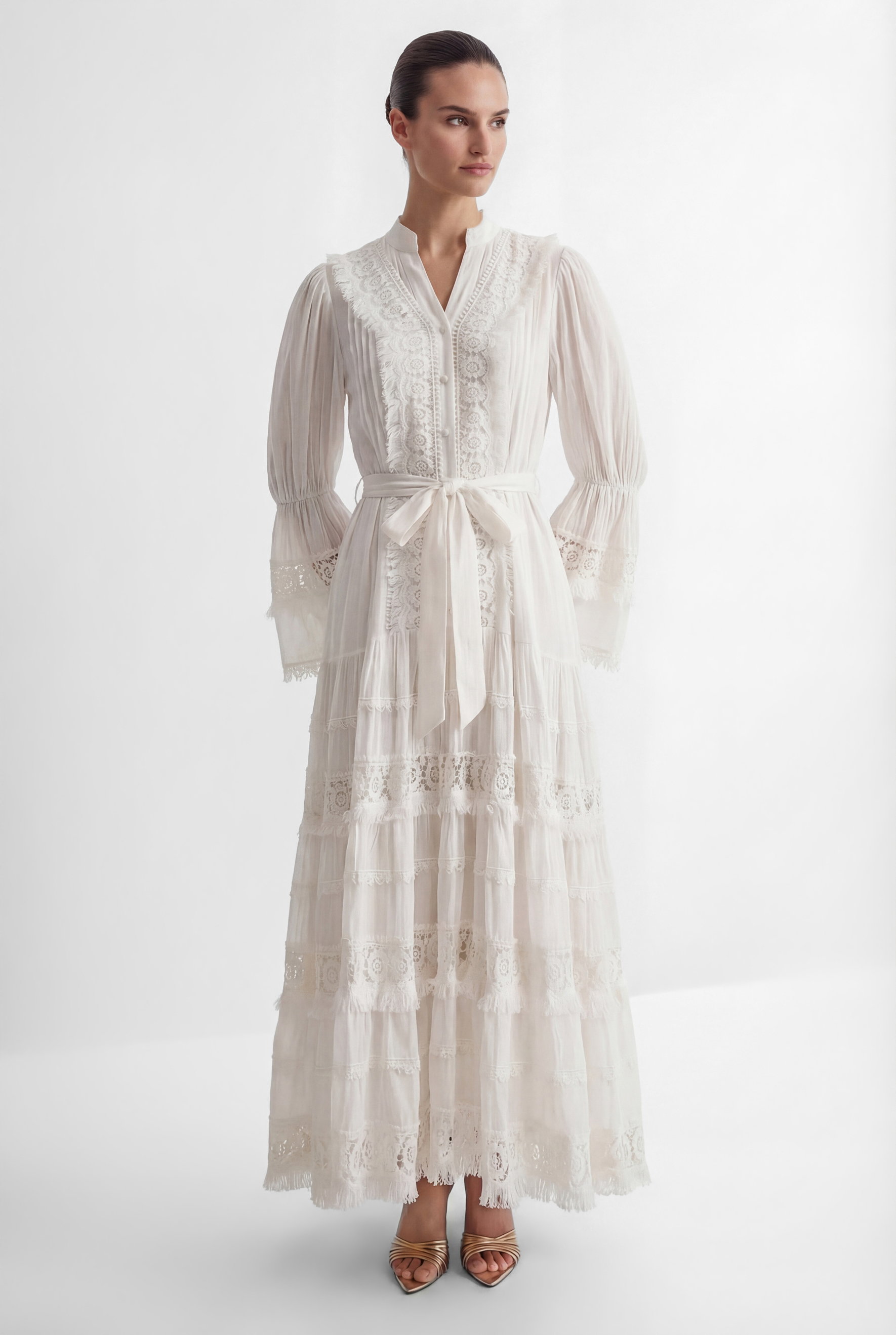 Graceful Darling White Floral Lace Bell Sleeve Maxi Dress-purelyfable