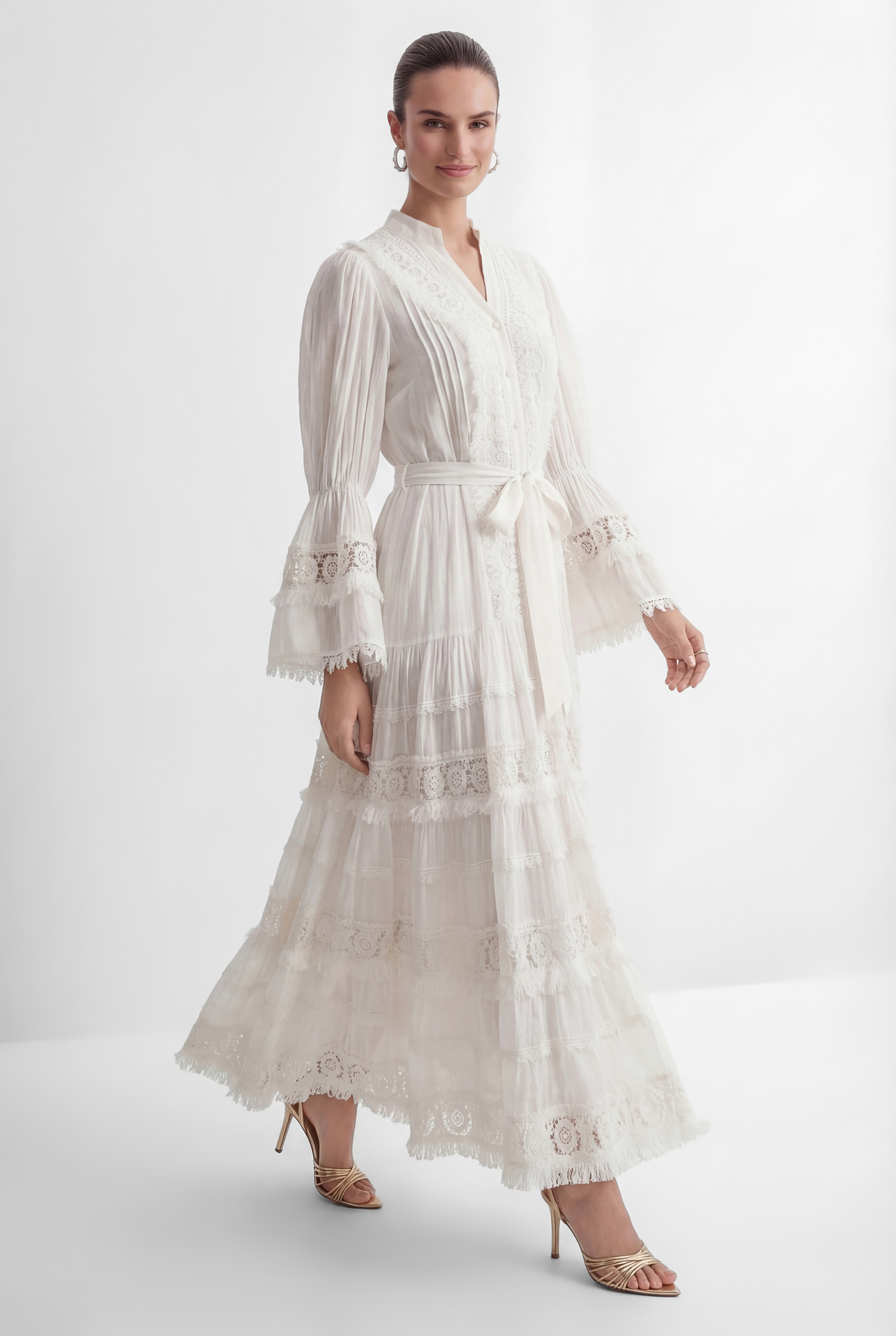 Graceful Darling White Floral Lace Bell Sleeve Maxi Dress-purelyfable