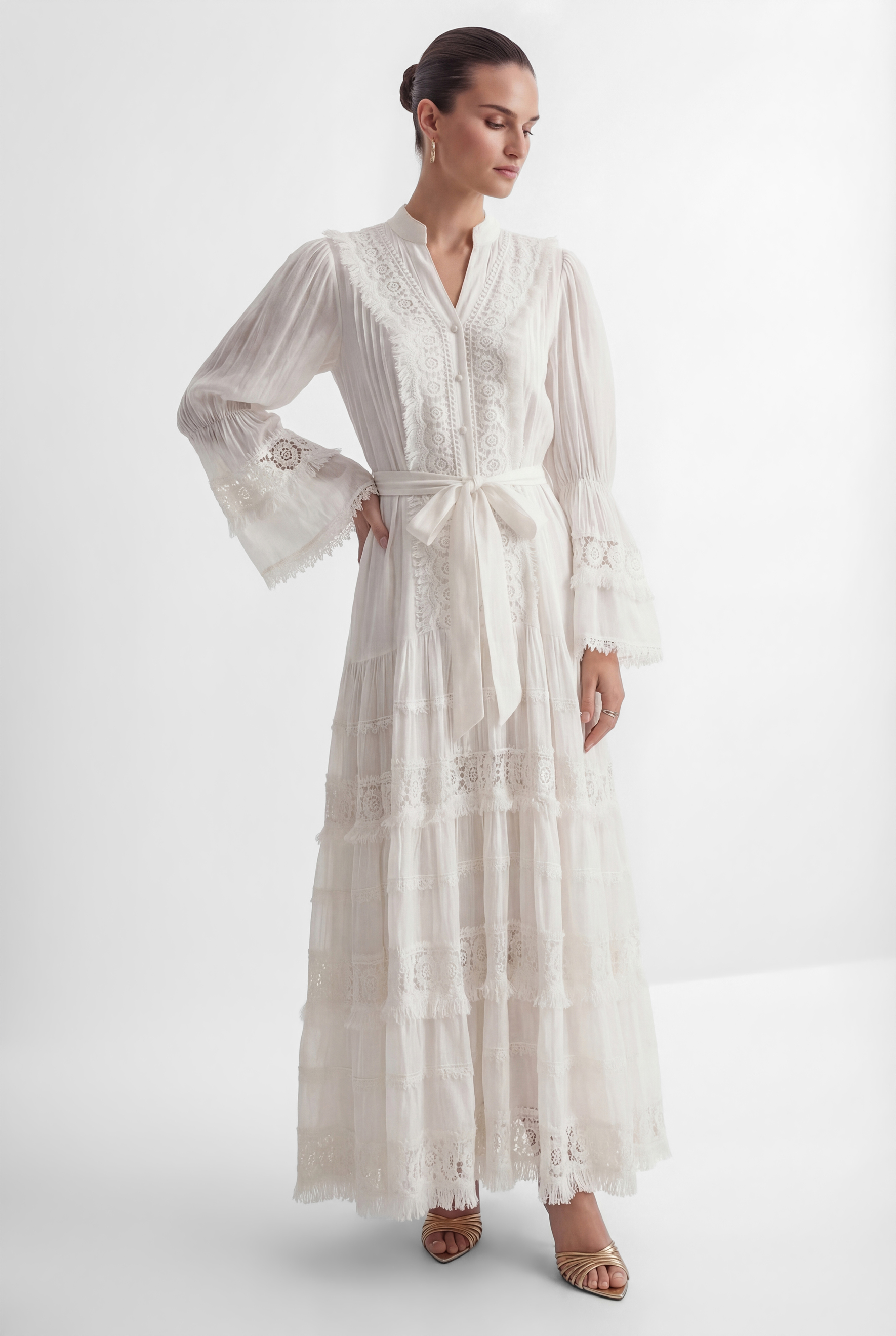 Graceful Darling White Floral Lace Bell Sleeve Maxi Dress-purelyfable