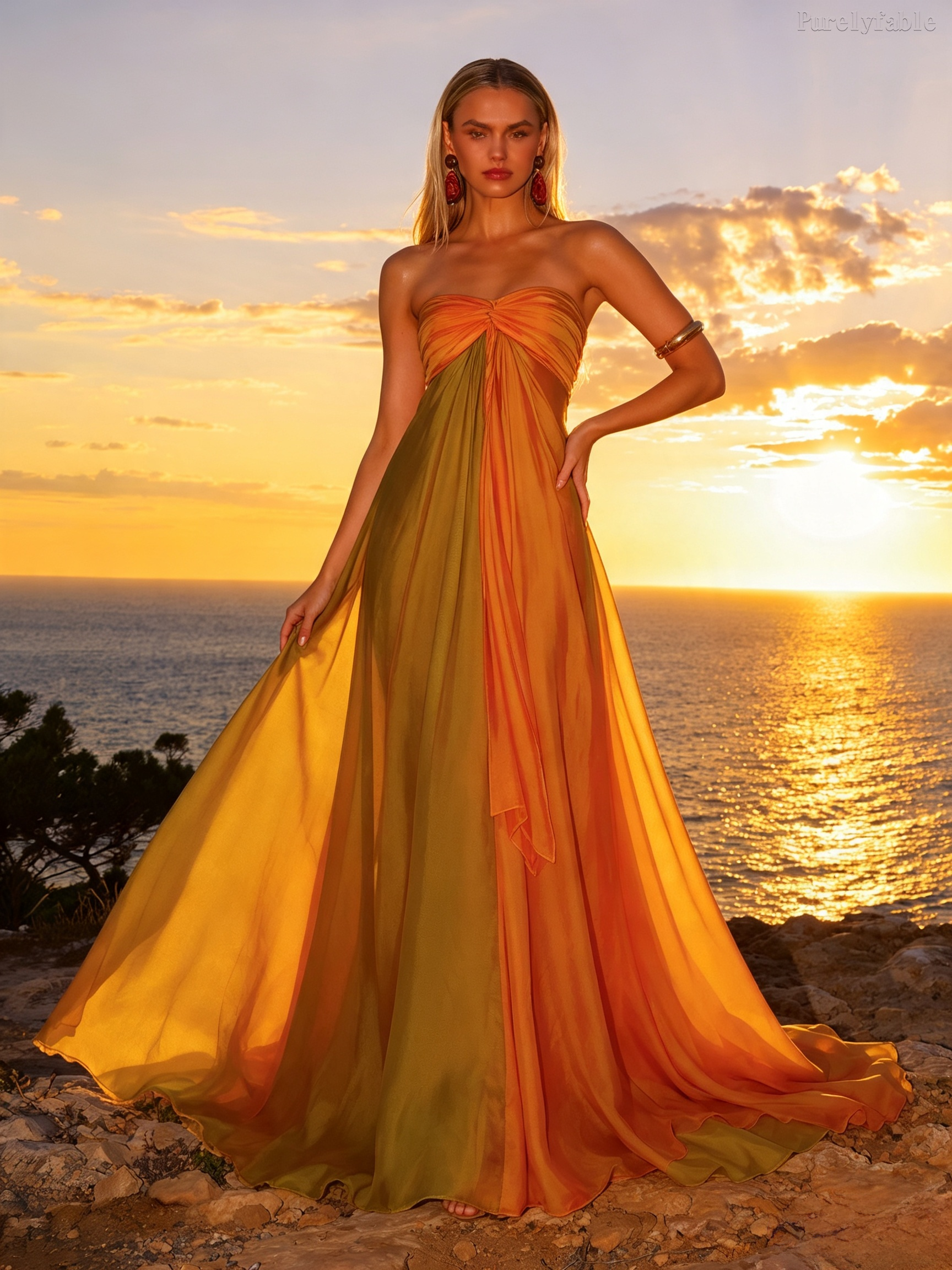 Seren Orange Strapless Flowy Beach Dress