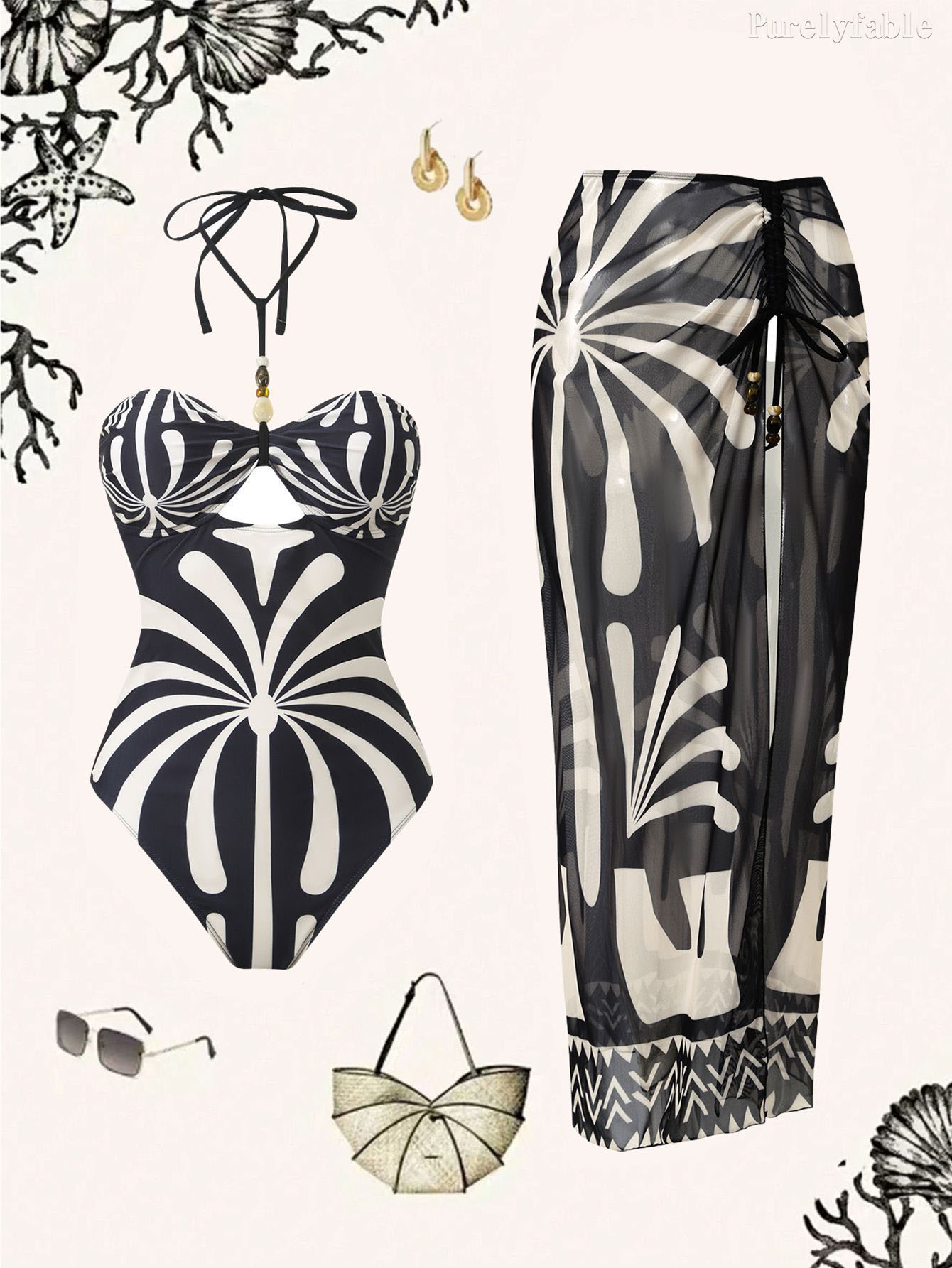 Cecelia Black Swimsuit Wrapped Skirt Two-Piece Set