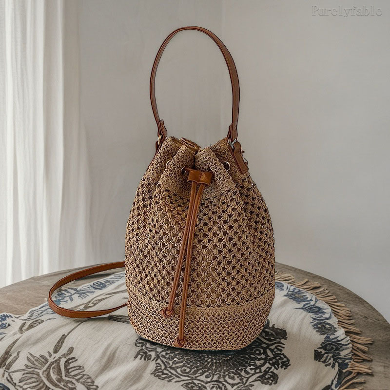 Brown Grass Woven Bucket Bag