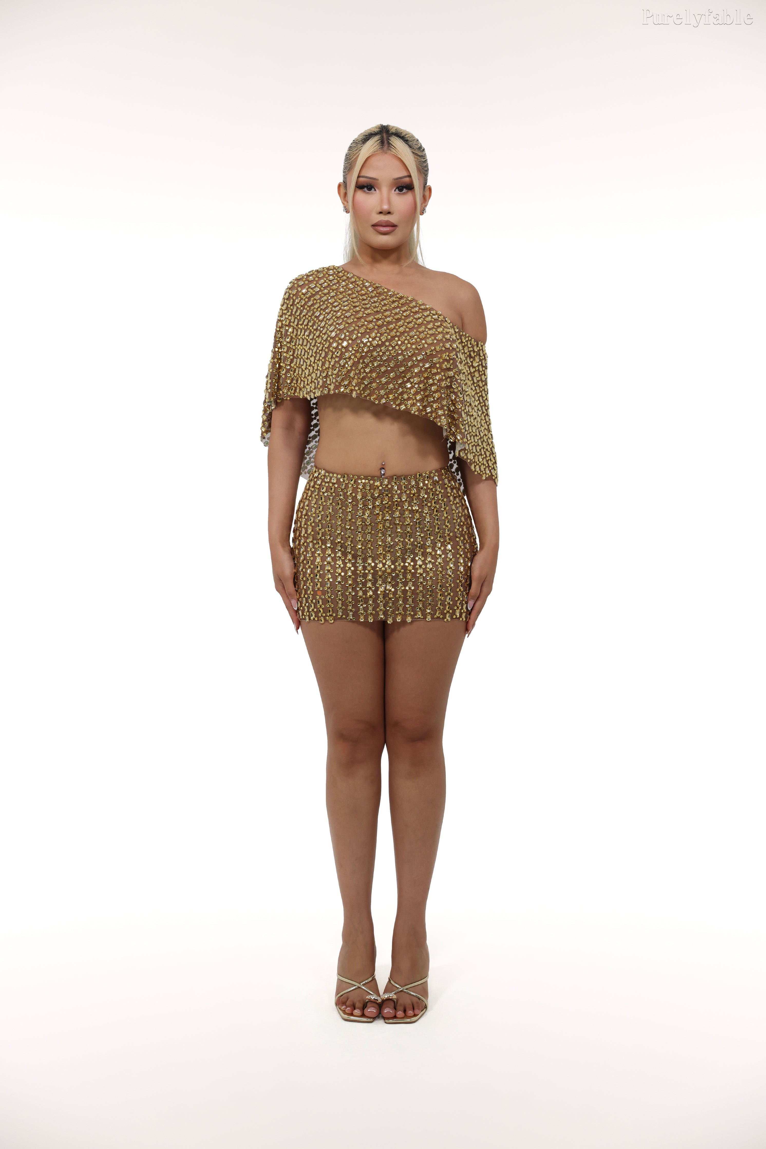 Rosalyn Gold Shoulder Glitter Short Skirt Two Piece Set