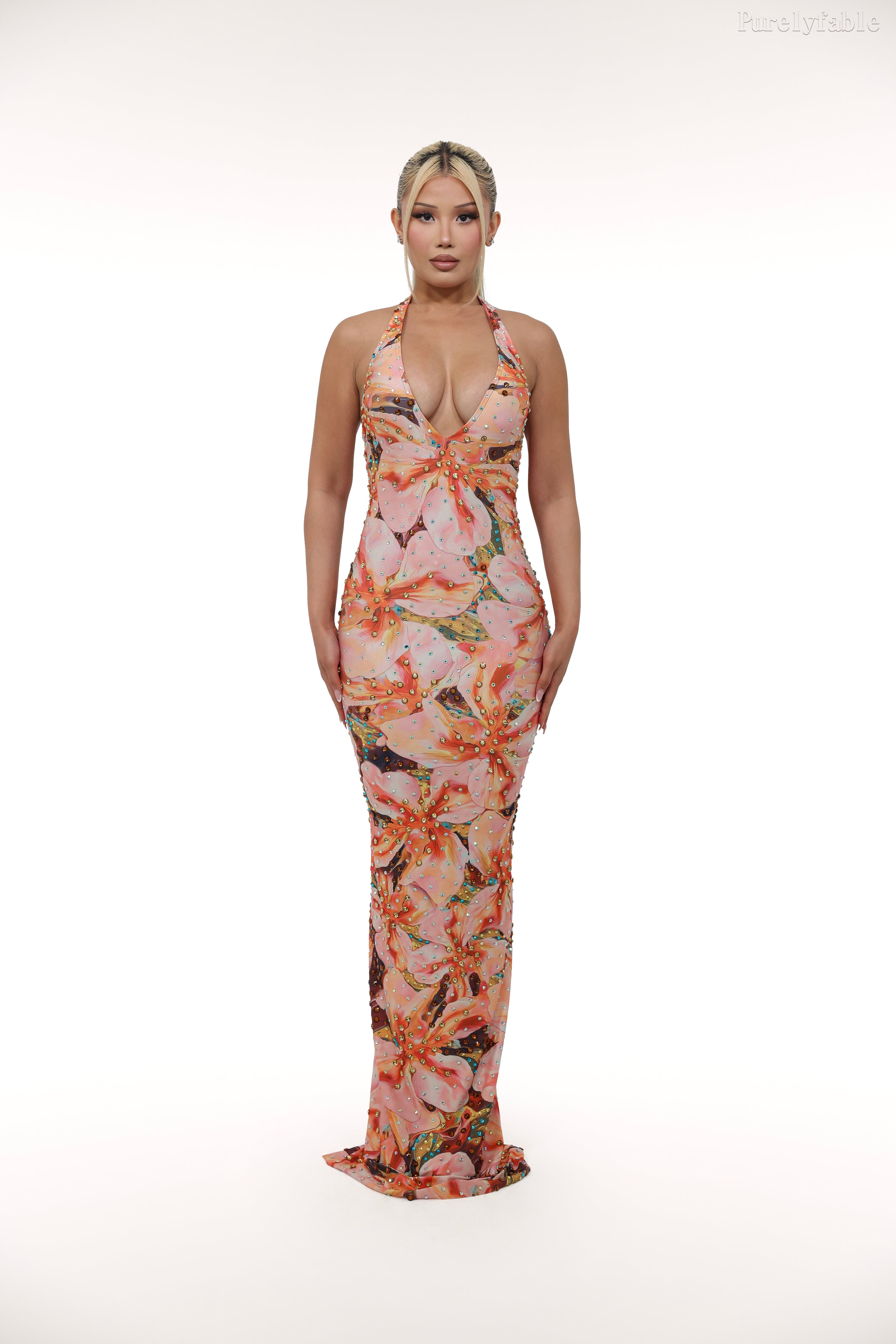 Rafaela Colorful Hanging Neck Deep V Flower Tail Dress
