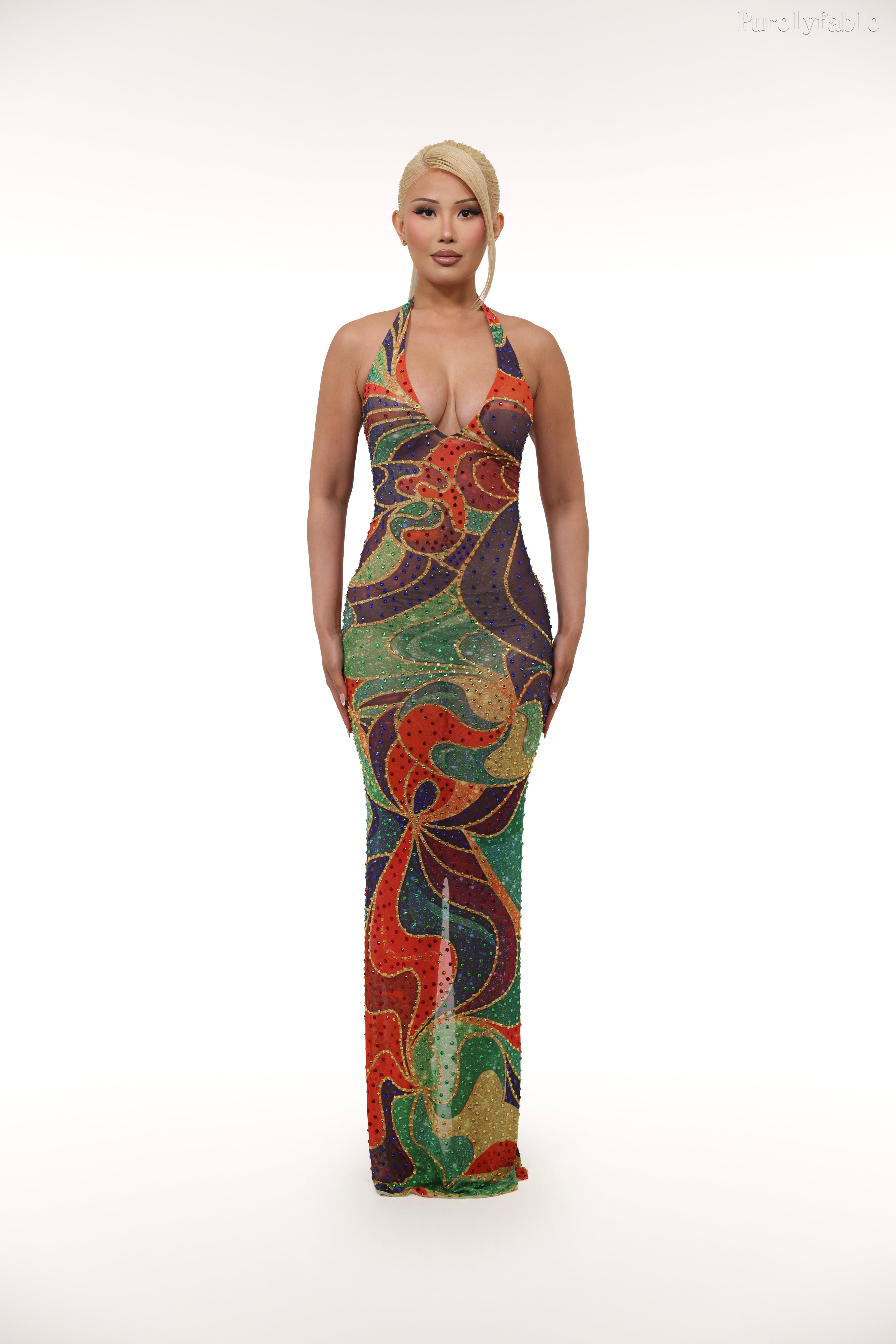 Odessa Color Neck Hanging Deep V Maxi Dress