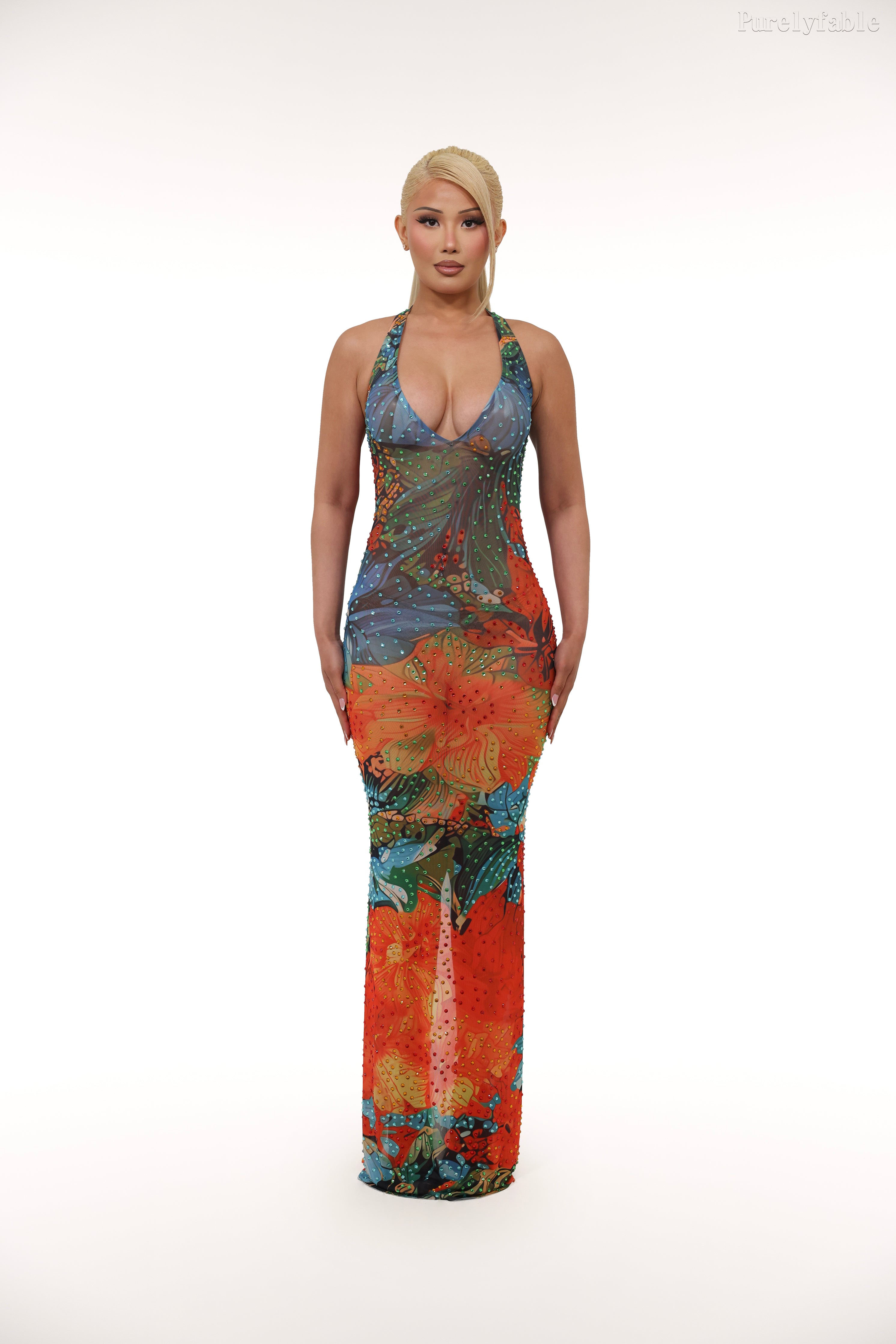 Nevaeh Colorful Hanging Neck Deep V Flower Tail Dress