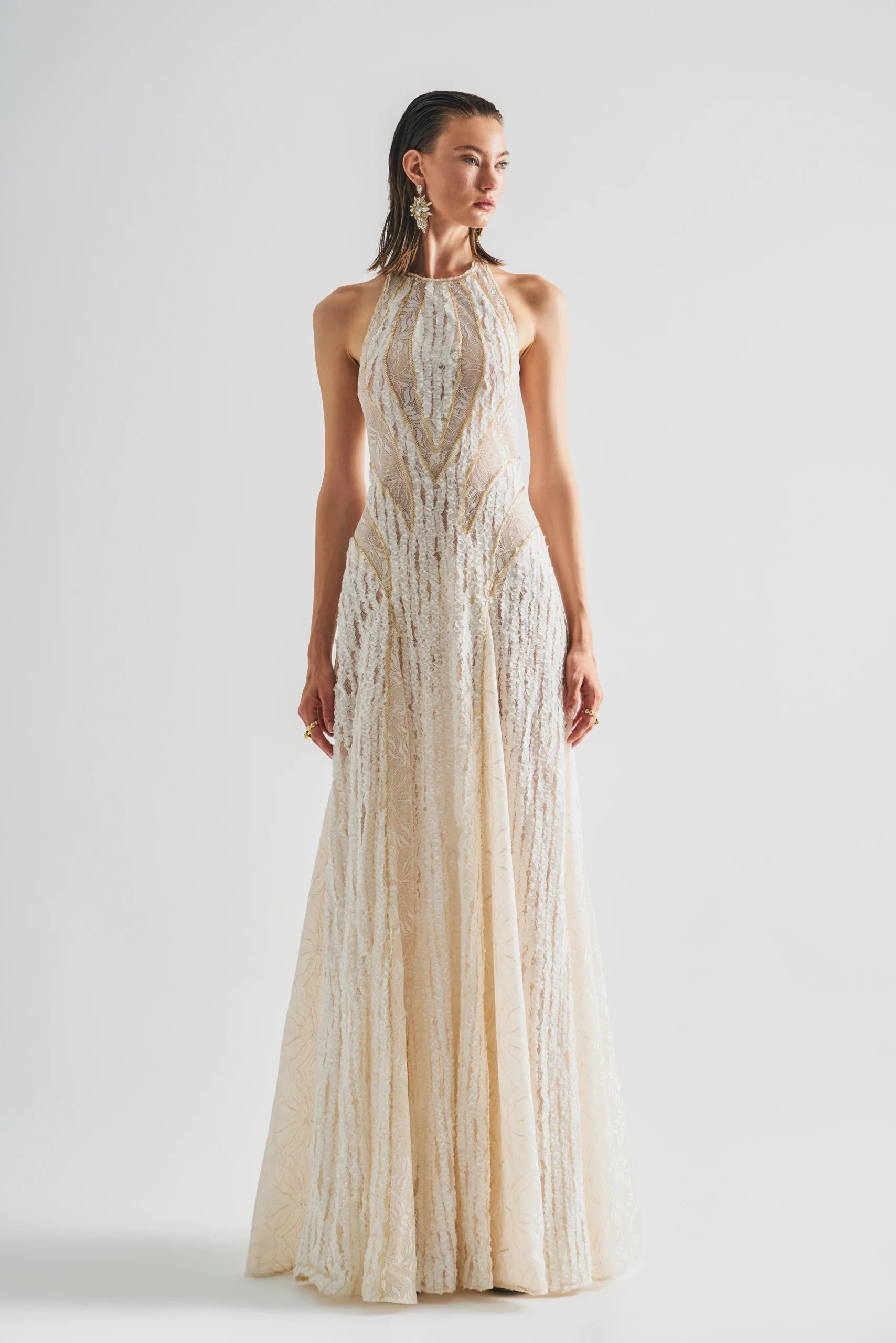 Charis Beige Halter Neck Maxi Dress