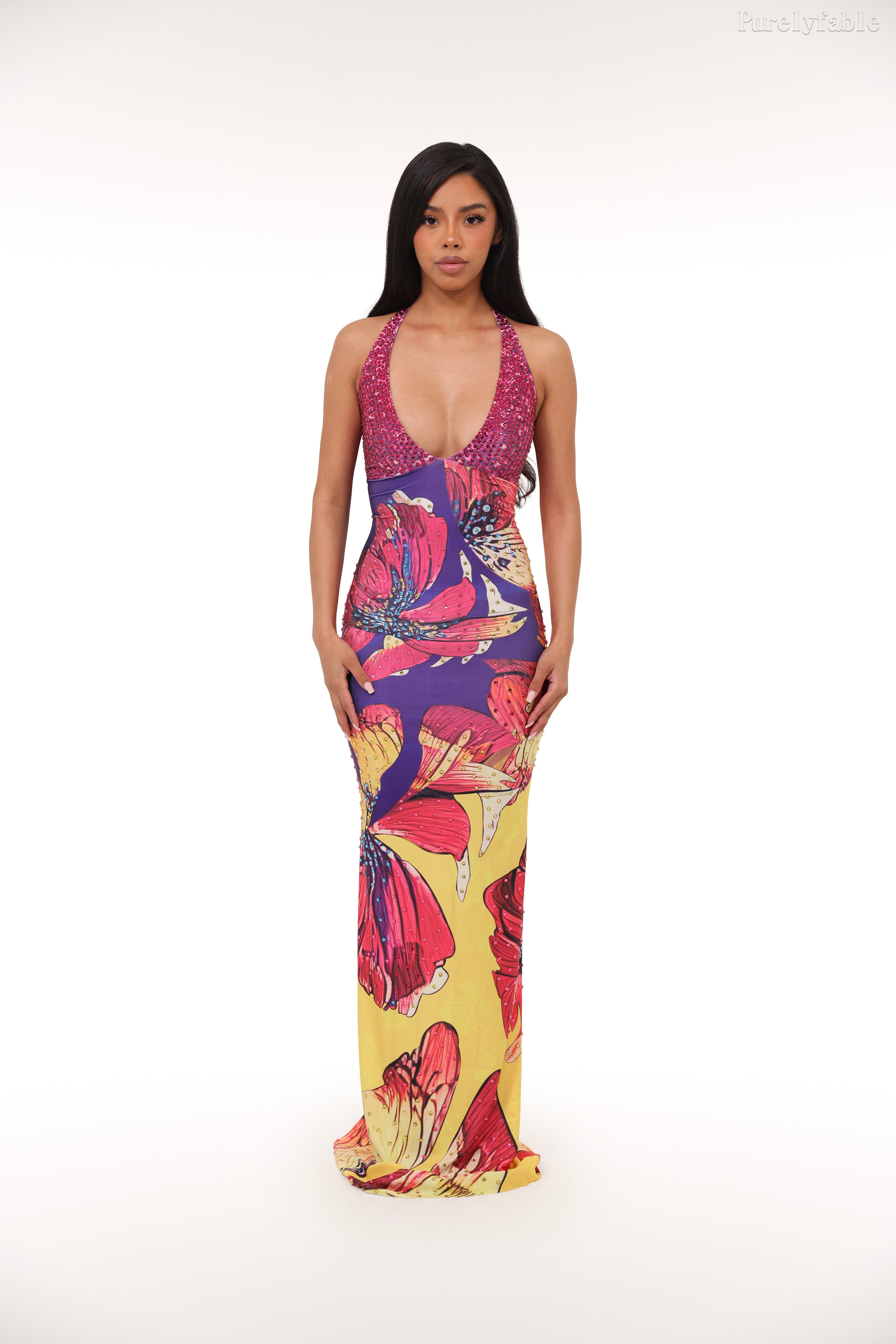 Leilani Colorful Hanging Neck Deep V Fishtail Dress
