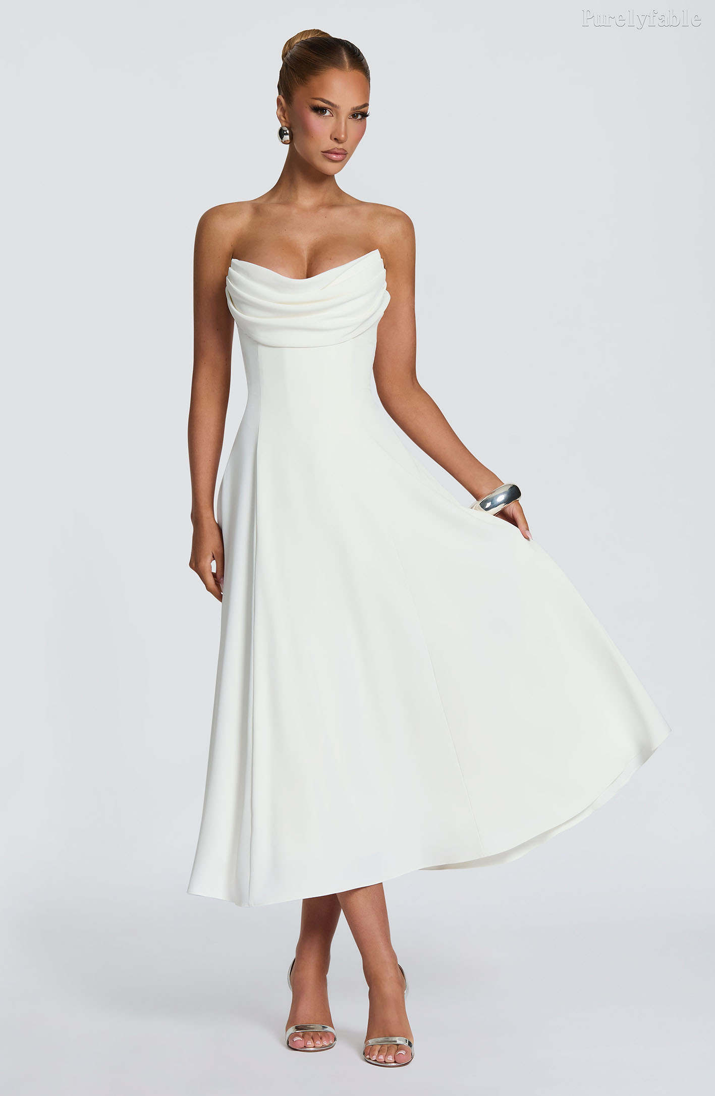 Rebecca White Strapless Swing Collar Midi Dress