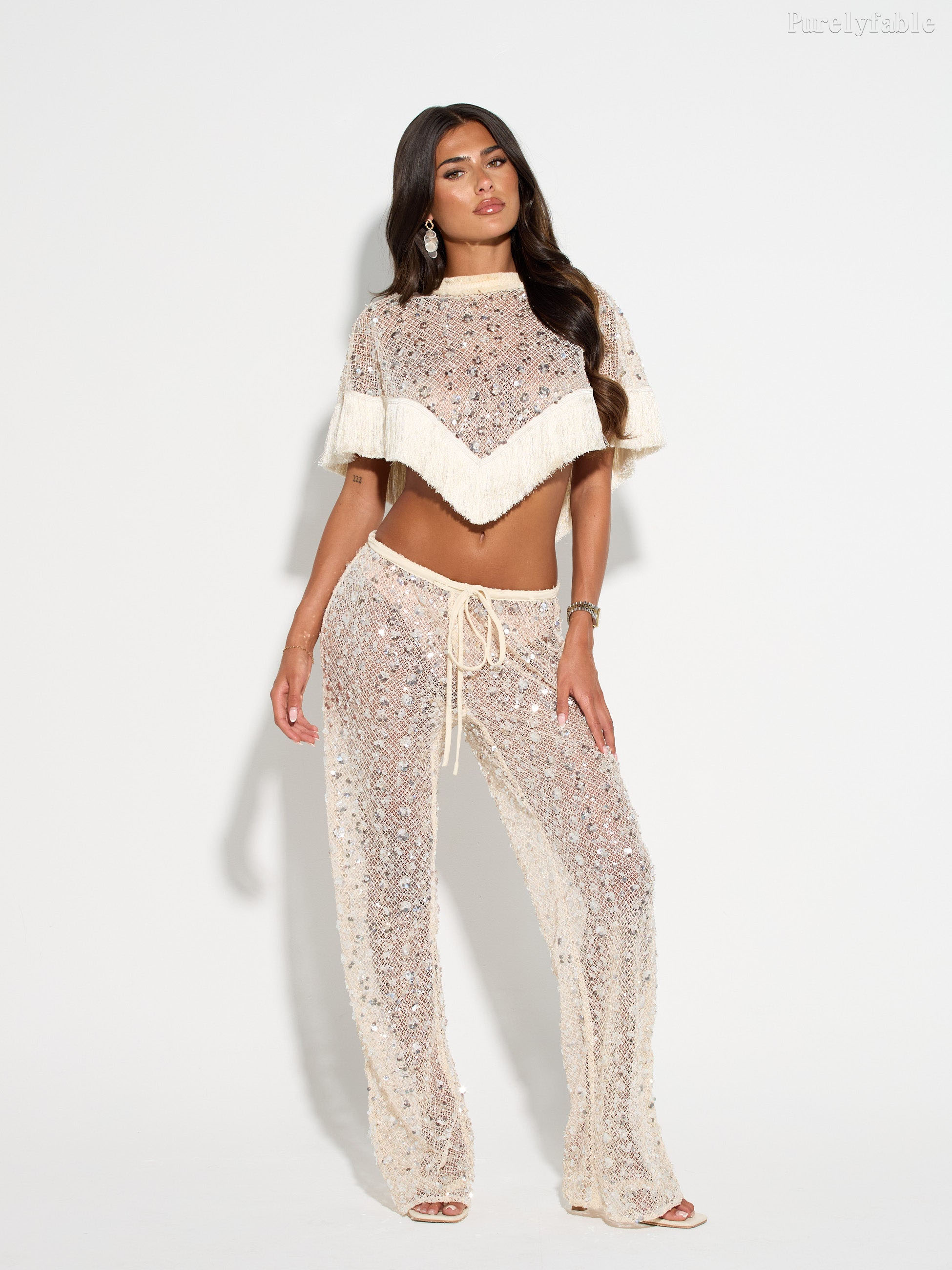 Carina White Sleeveless Sequin Pants Set