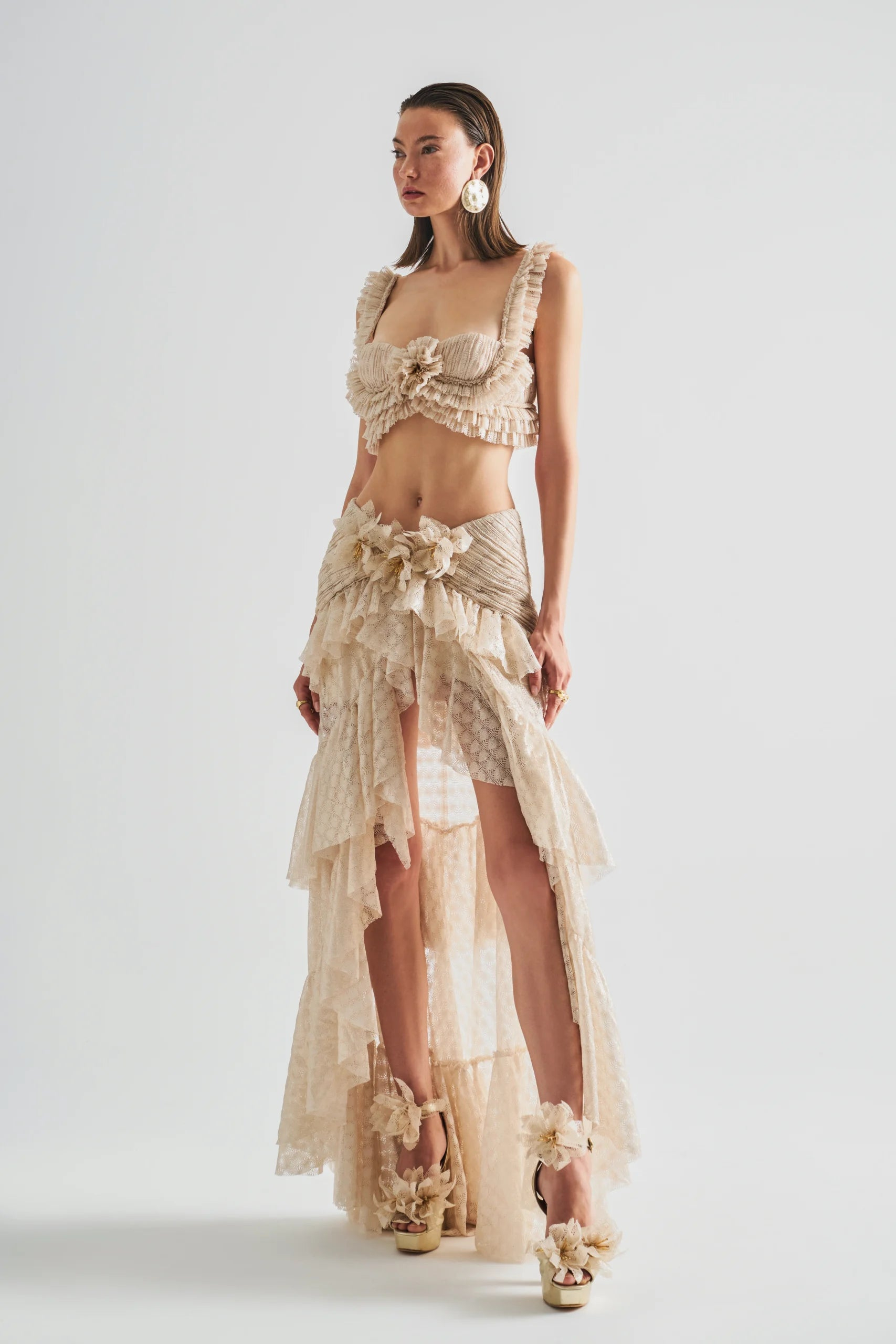 Charis Beige Lace Ruffled Dress Set