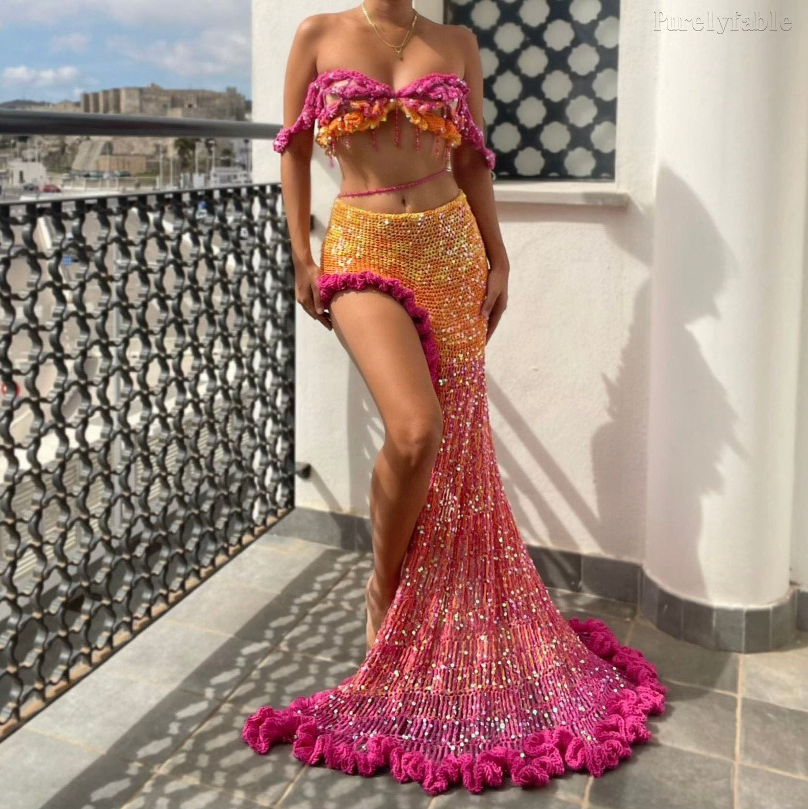 Nadira Ombré Off-Shoulder Crochet Skirt Set