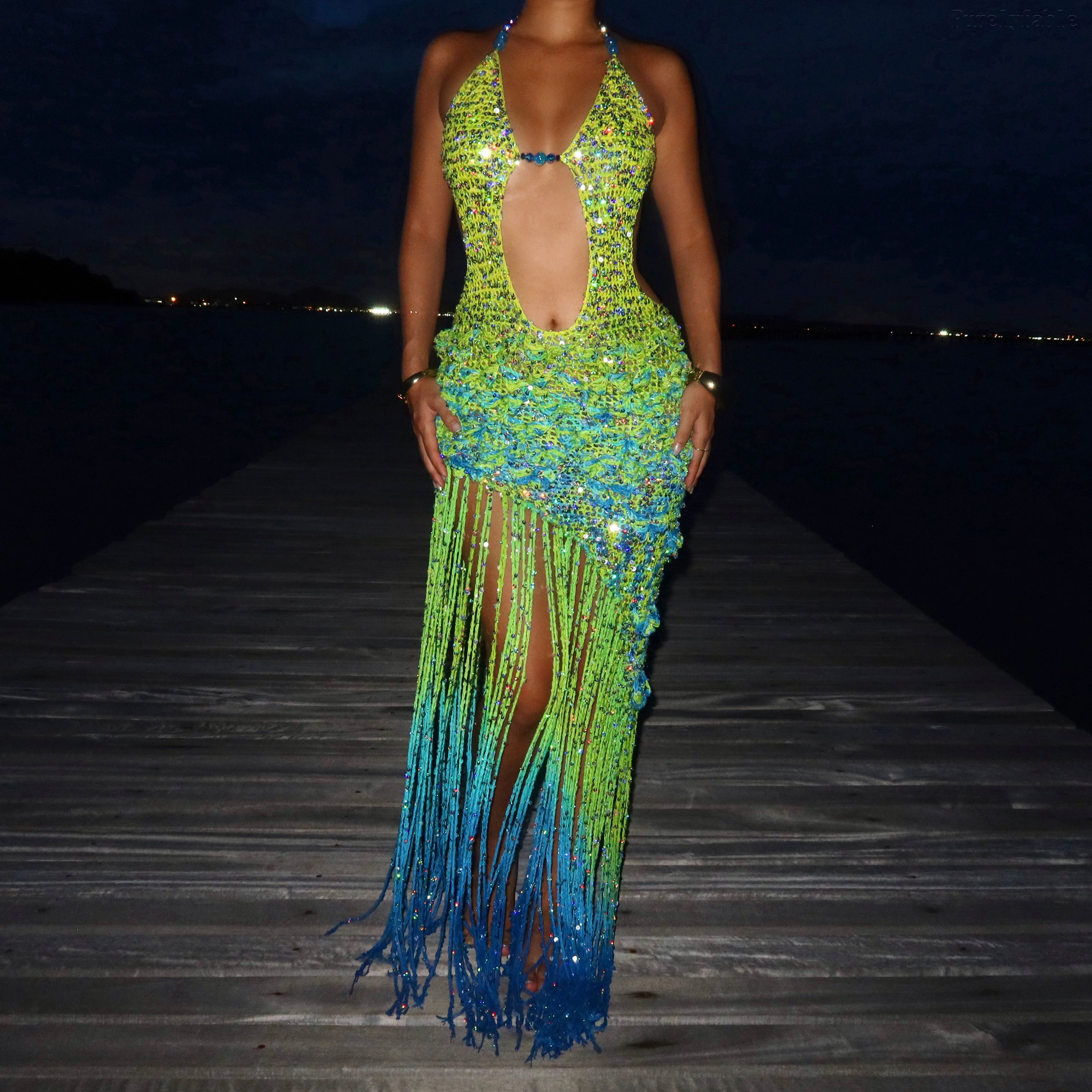Abrielle Colorful Backless Cutout Fringe Sequin Maxi Dress