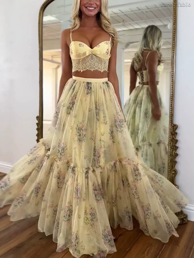 Aurora Apricot Chiffon Printed Half Skirt Two Piece Set