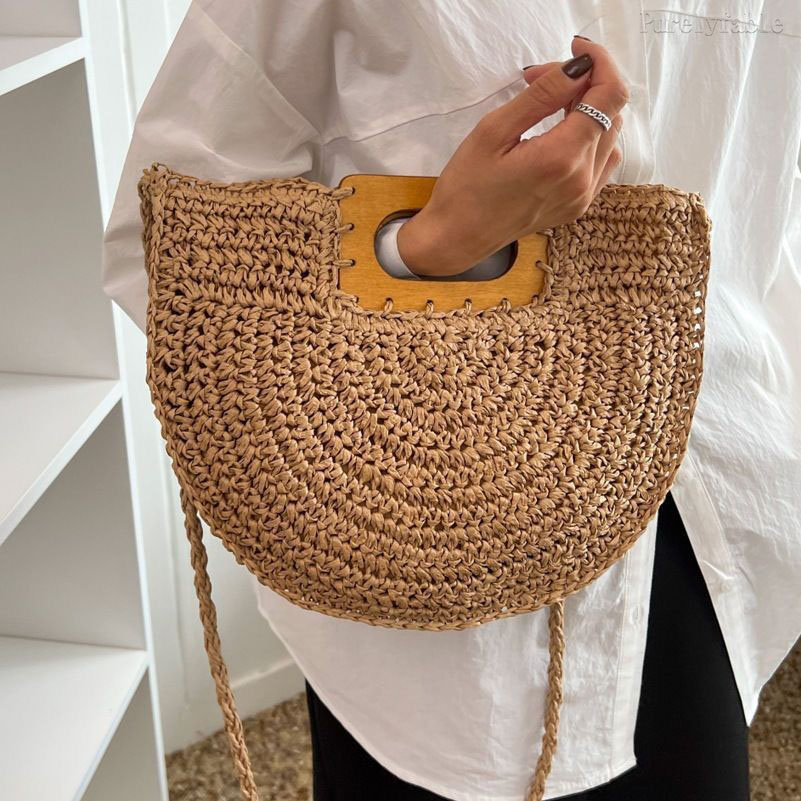 Beige Semi-Circular Straw Woven Bag