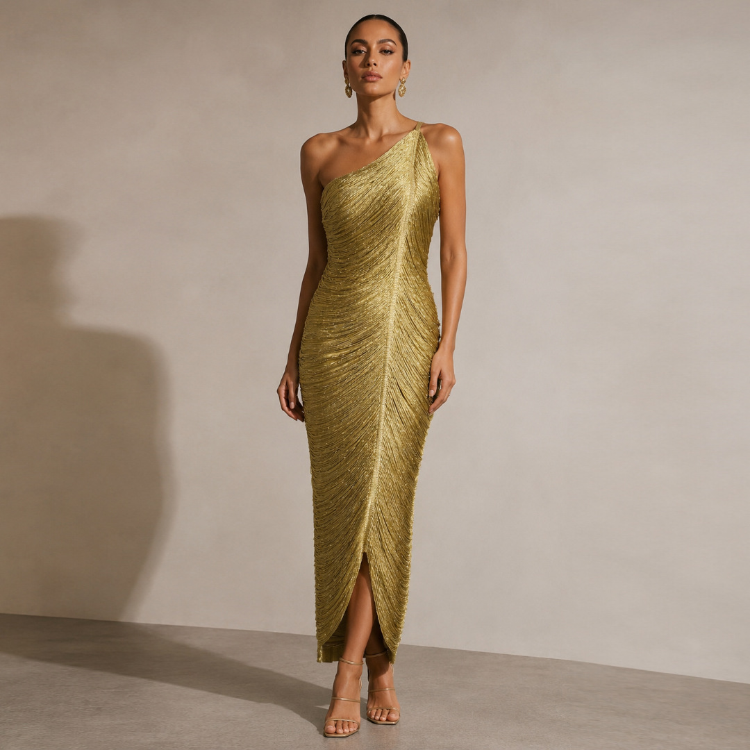 Arielle Gold One-Shoulder Tassel Dress