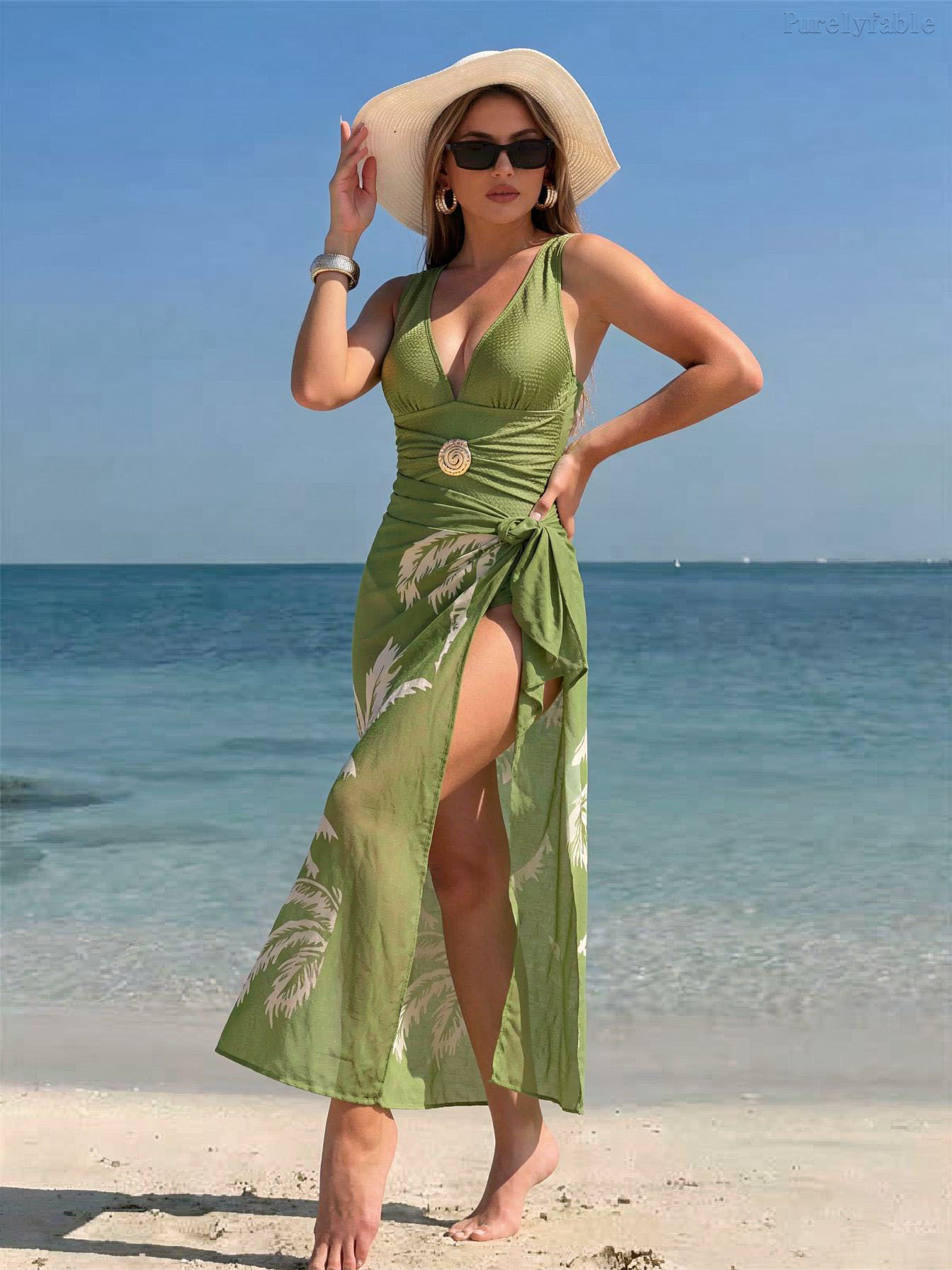 Eliana Green Swimsuit Wrap Skirt Two Piece Set