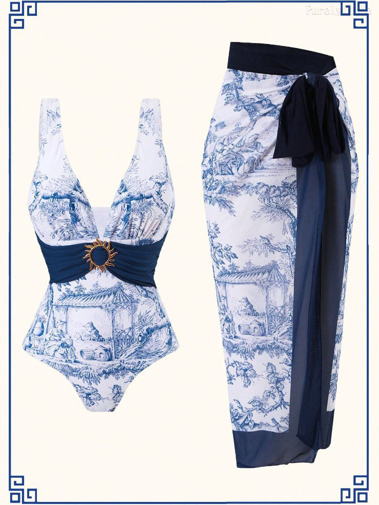 Camilla Blue Sexy Swimsuit Wrap Skirt Set