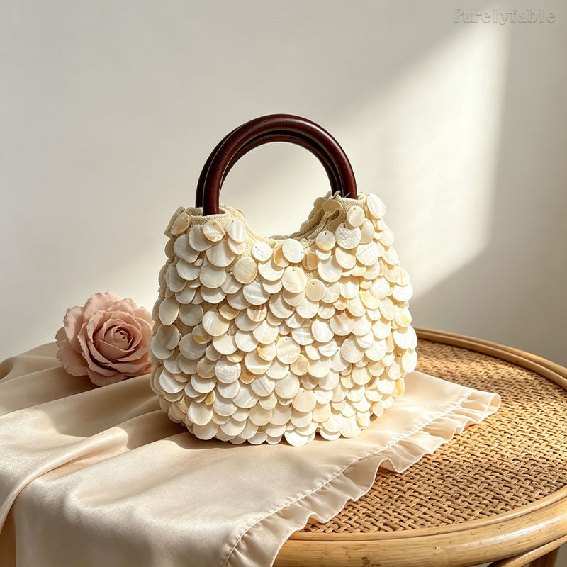 Beige Wooden Handle HndBag