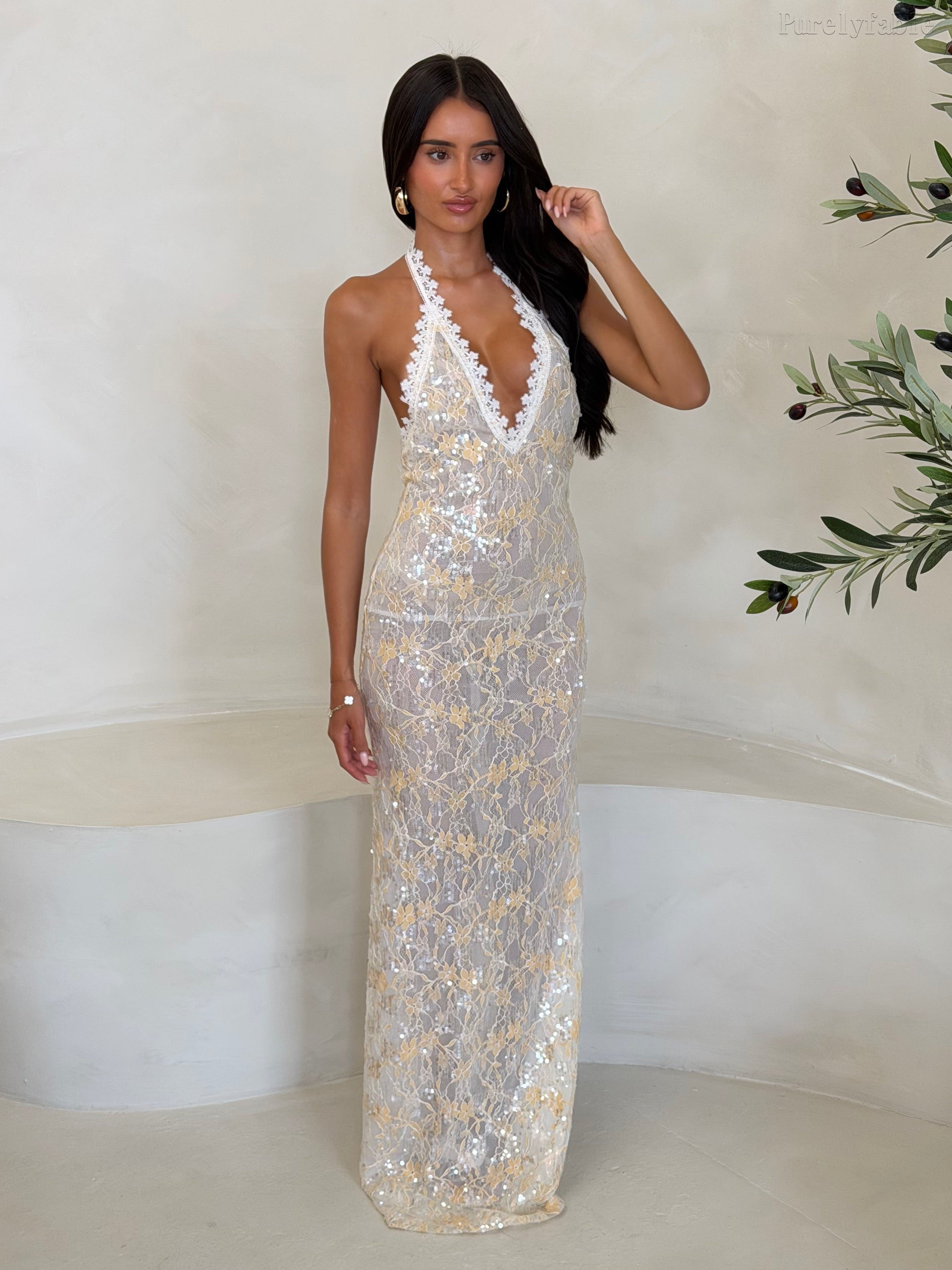 Colette White Neckline Floral Beaded Net Silk Dress