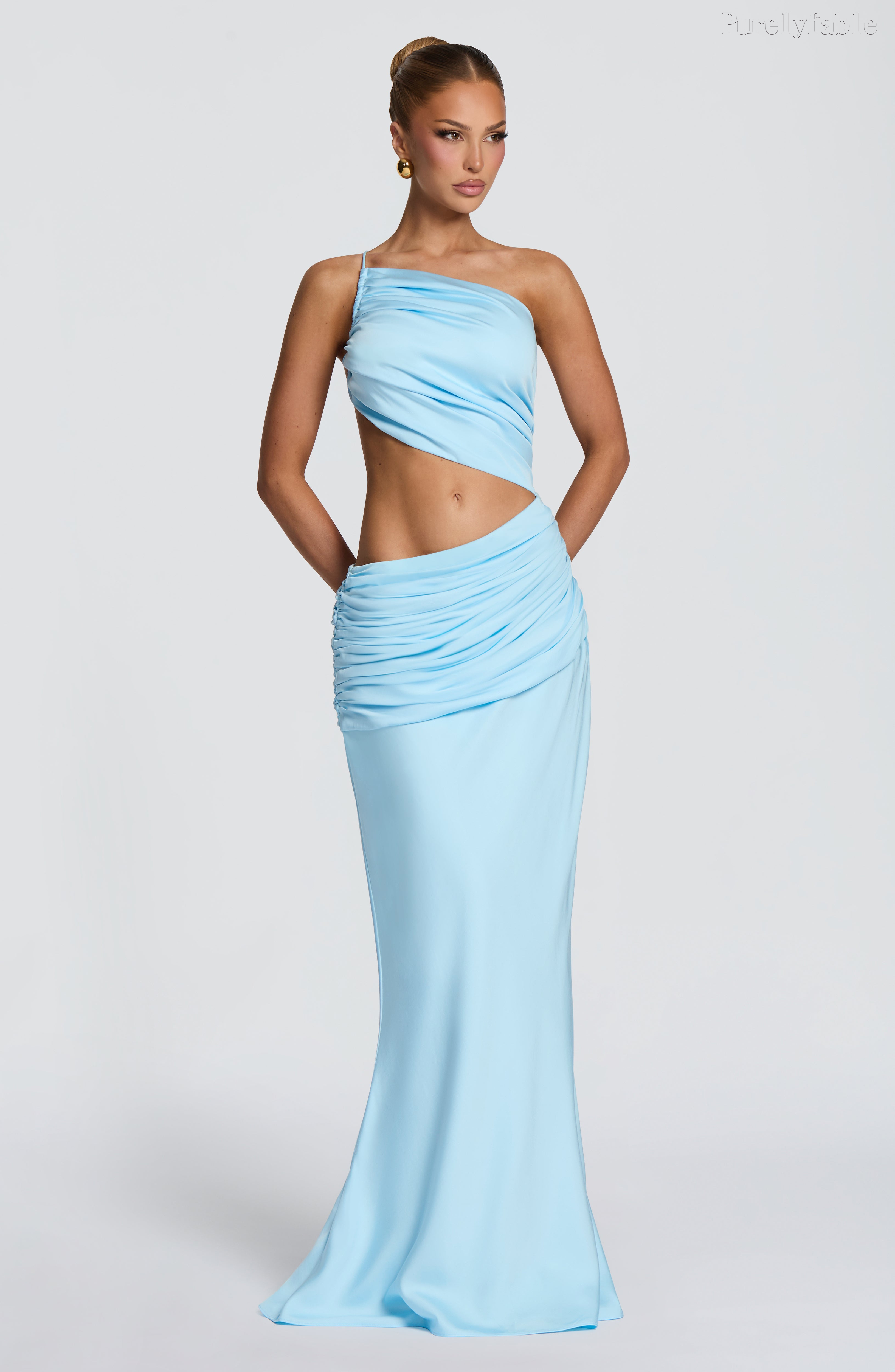 Rafaela Blue Single-Sleeve Open-Back Dress