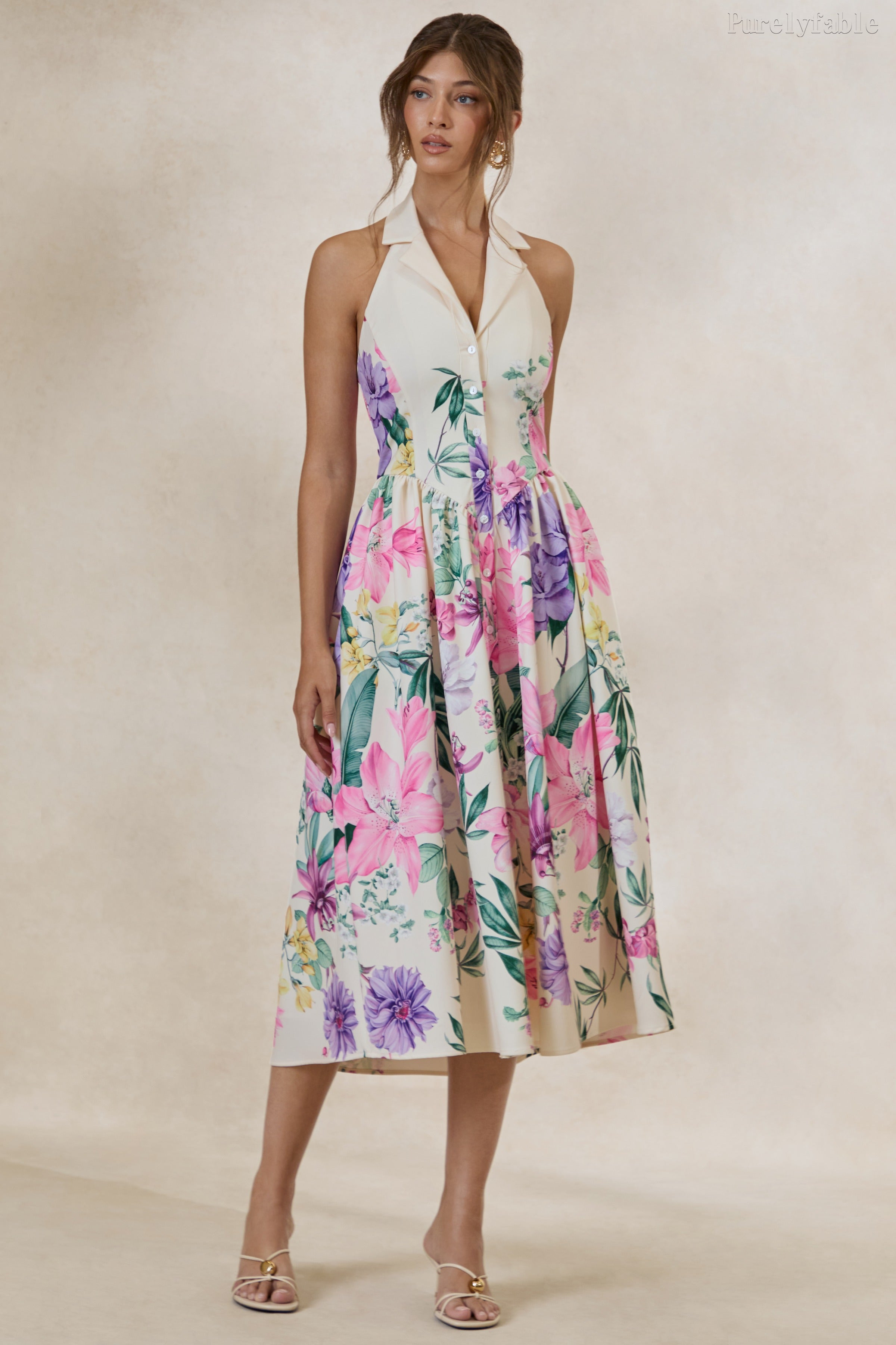 Veda Colorful Printed Sleeveless Collar Neckline Dress