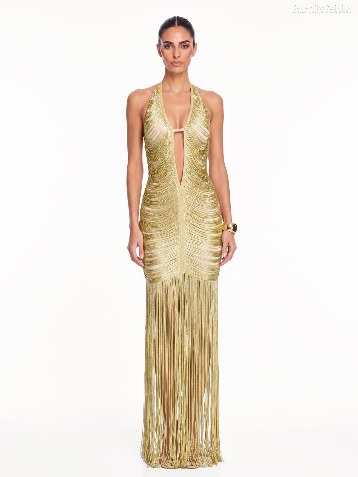 Calliope Golden Deep V Fringed Fitted Long Dress